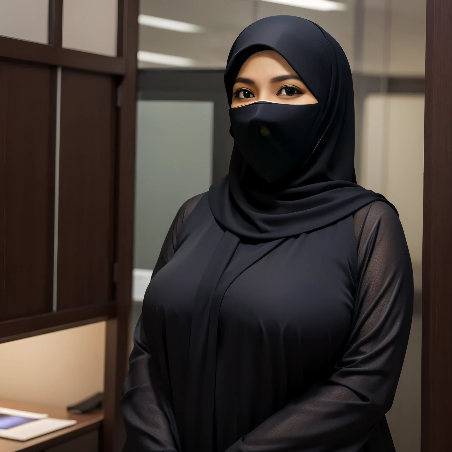 52 years Old, Hijab Indonesian mature woman, Large Tits : 96.9, Niqab, Tight Burqa, Curvy body, Breast about To burst out, at Office, Dark light, at Nighttime