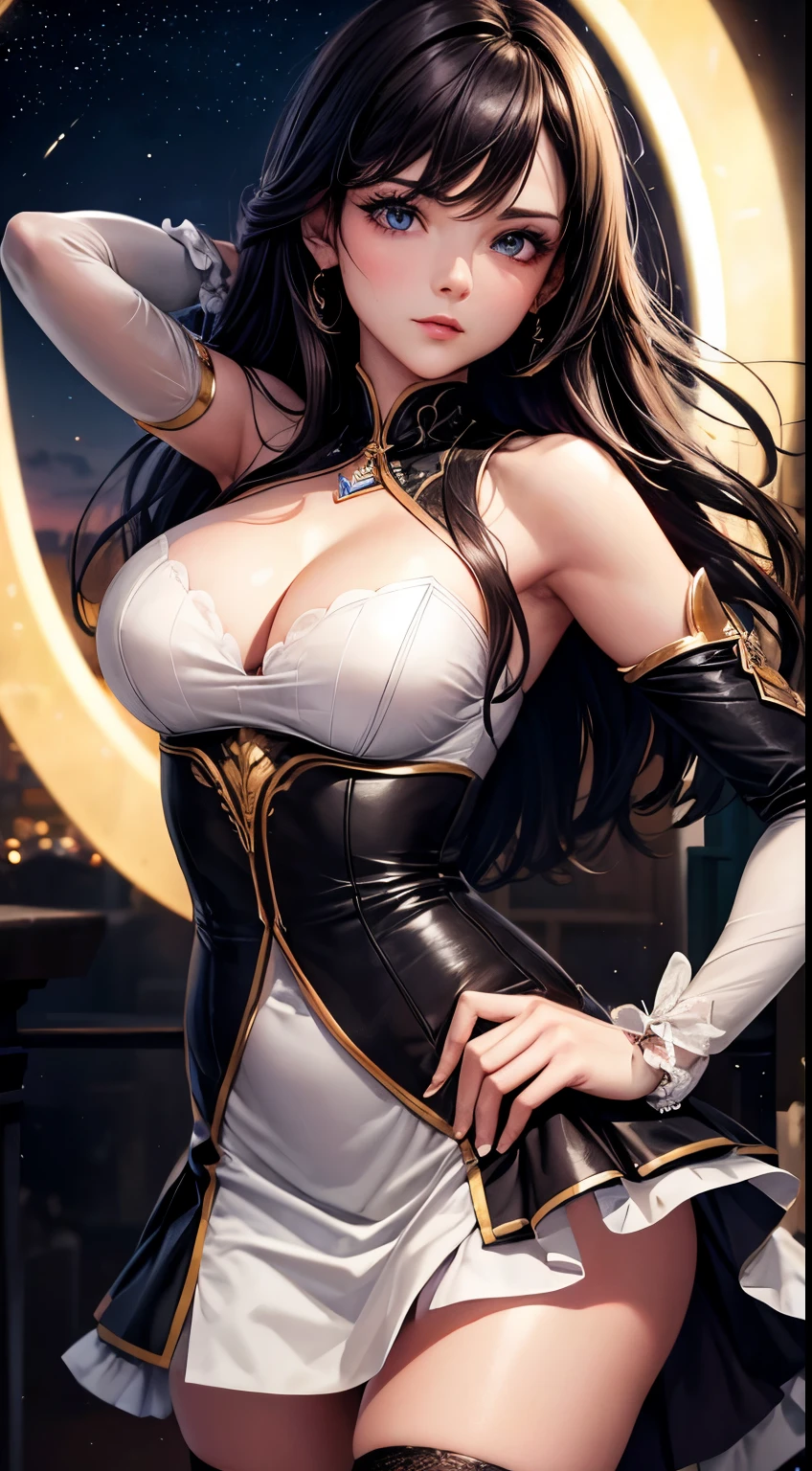 Master piace, full hd, high quality, super detail, cinematic ligth, make-up, close-up, passionate look, night, poor illumination, stockings, eye level, elegant dress with no sleeves.