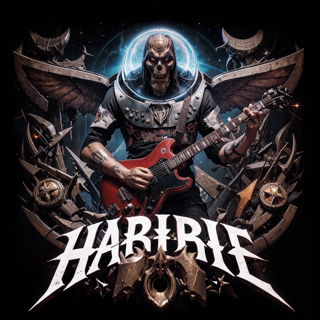 logo name (HABIBIE) font death metal,buz light year,playing red guitar,baphomet,fire,3D,background black