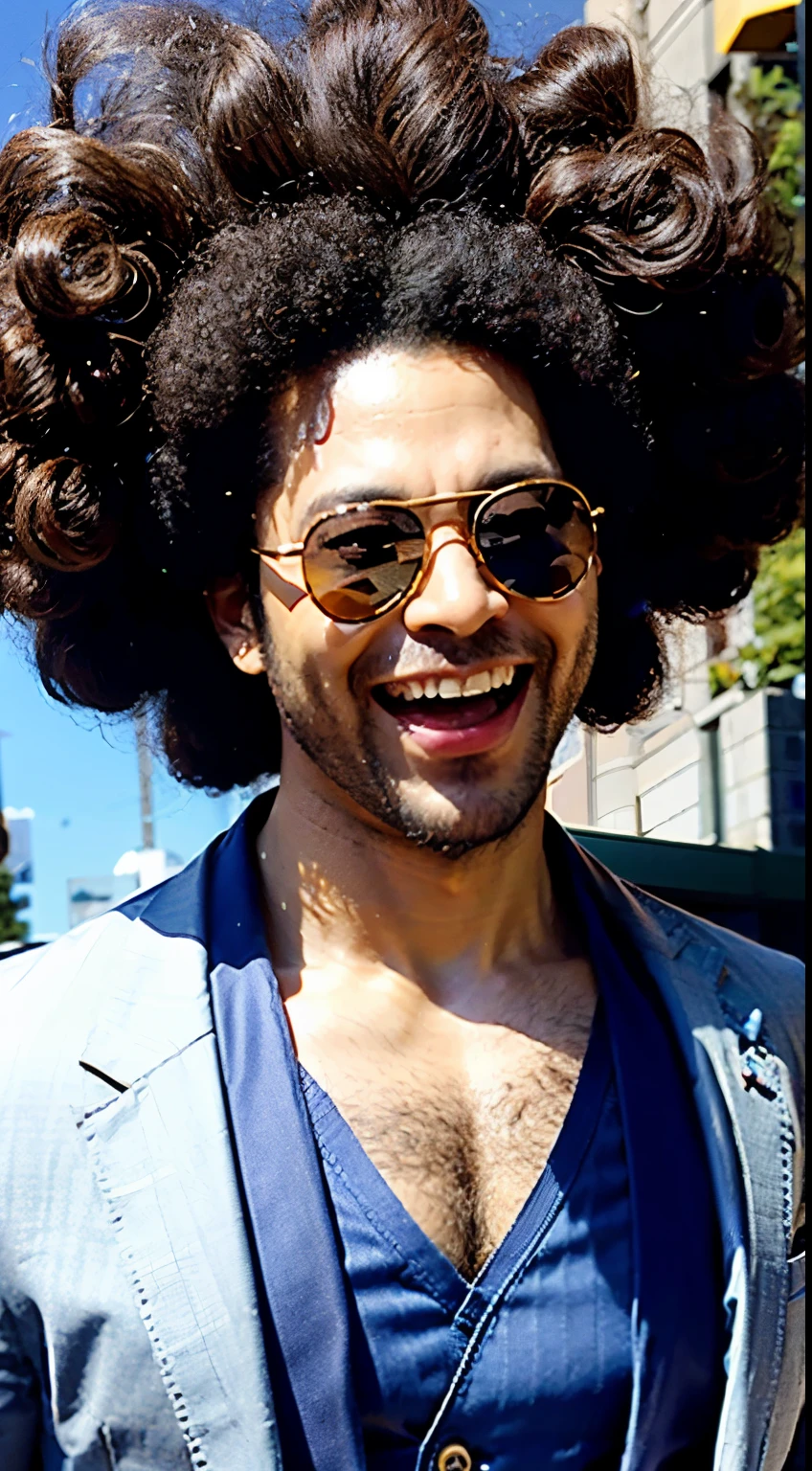 huge afro hairを持っている35歳のmale people、japanes、(male people:1.5)、grey eyes、Squint、Under_cut、(The shirt)、((Suits))、(a handsome、sharp)、((Stick out your tongue and laugh))、(stout muscles)、(stout physique)、细致背景、high-level image quality、(((huge afro hair)))、(I'm wearing sunglasses)
