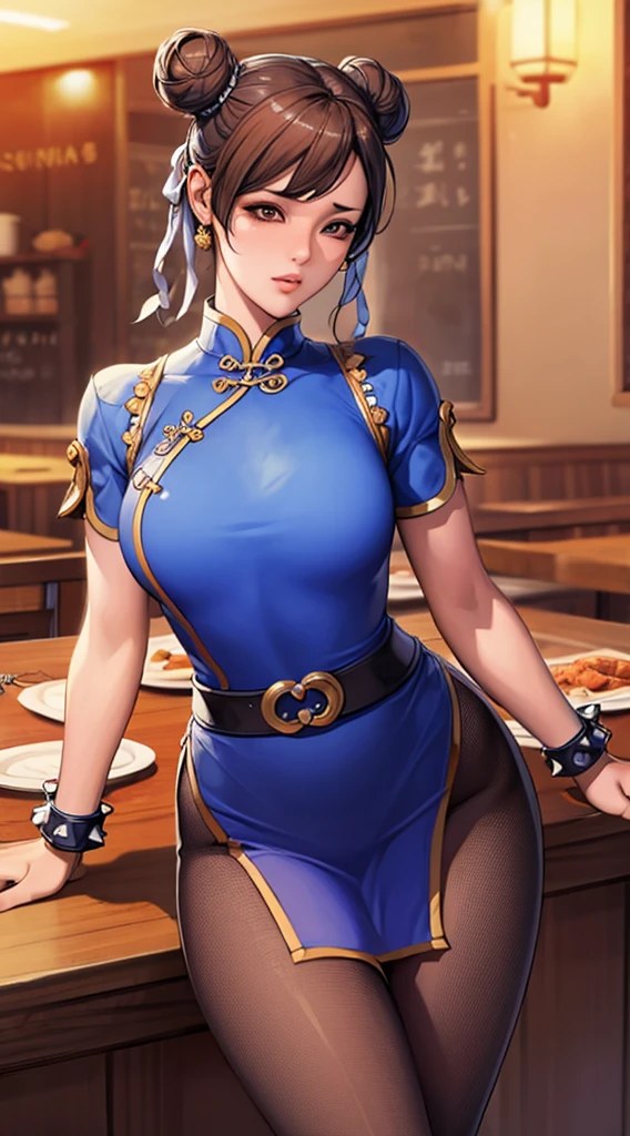 Masterpiece, (high quality), (intricate, 8k, 4k), 1 girl, Chun li, short Brown hair, double bun, mascara, chinese dress, belt, Brown pantyhose, Spike bracelet, Restaurant,