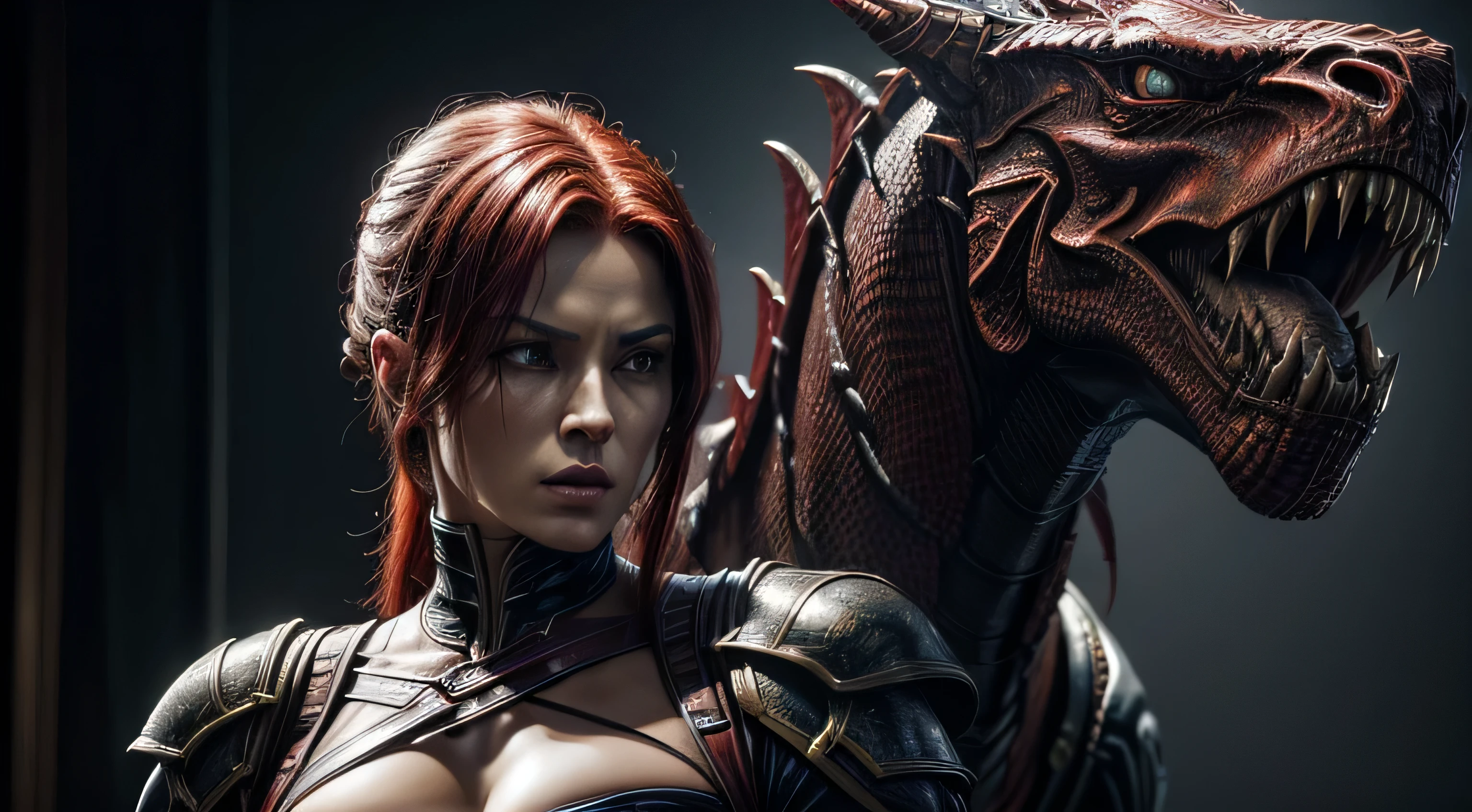 (best quality, 4k, 8k, high resolution, masterpiece:1.2), ultra-detailed, (realistic, photorealistic, photo-realistic:1.37), oil painting, skarlet, a character from the Mortal Kombat game, dressed in military attire, exquisite chest, red hair, lightning, with the Mortal Kombat dragon in the background.