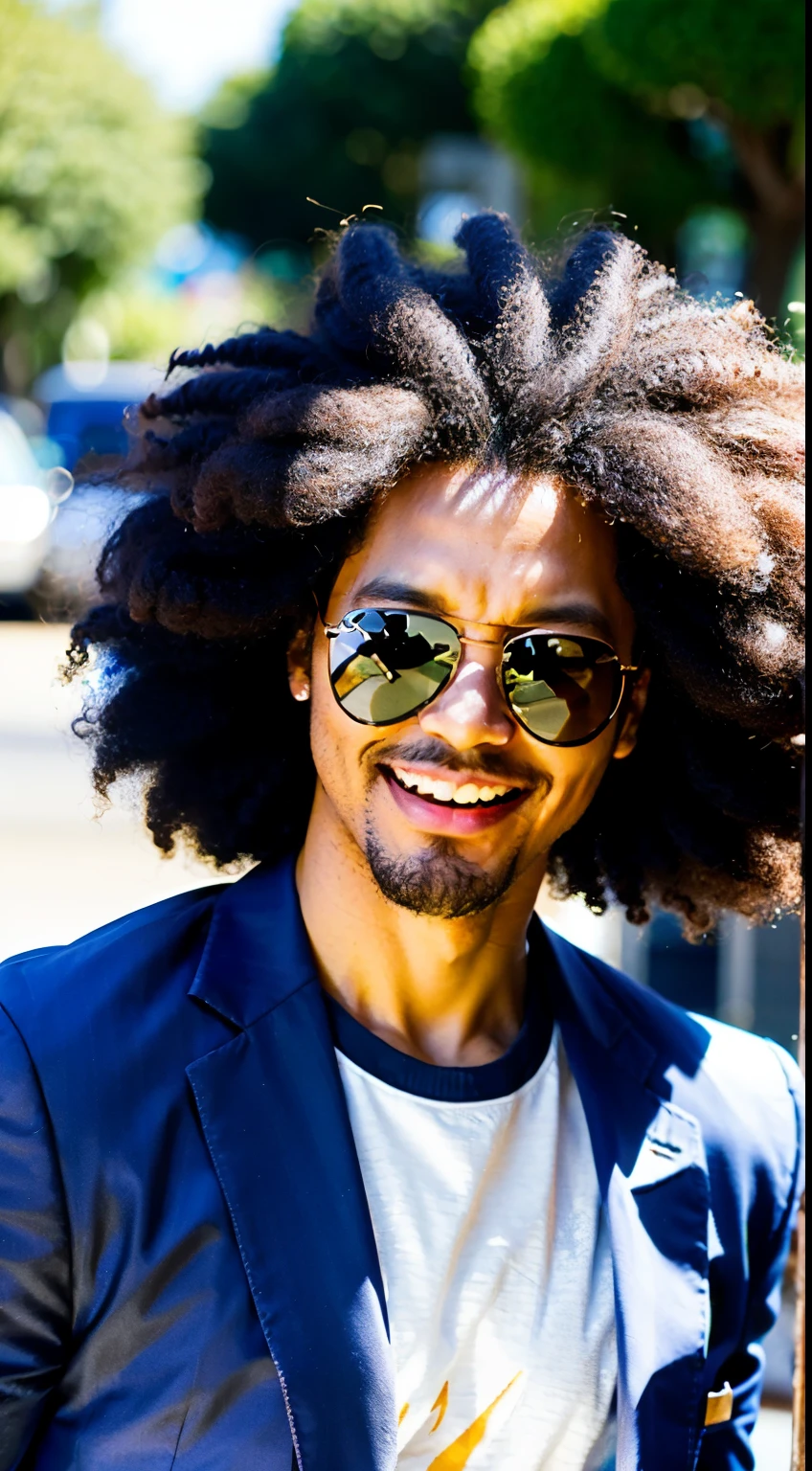 huge afro hairを持っている35歳のmale people、japanes、(male people:1.5)、grey eyes、Squint、Under_cut、(The shirt)、((Suits))、(a handsome、sharp)、((Stick out your tongue and laugh))、(stout muscles)、(stout physique)、细致背景、high-level image quality、(((huge afro hair)))、(I'm wearing sunglasses)