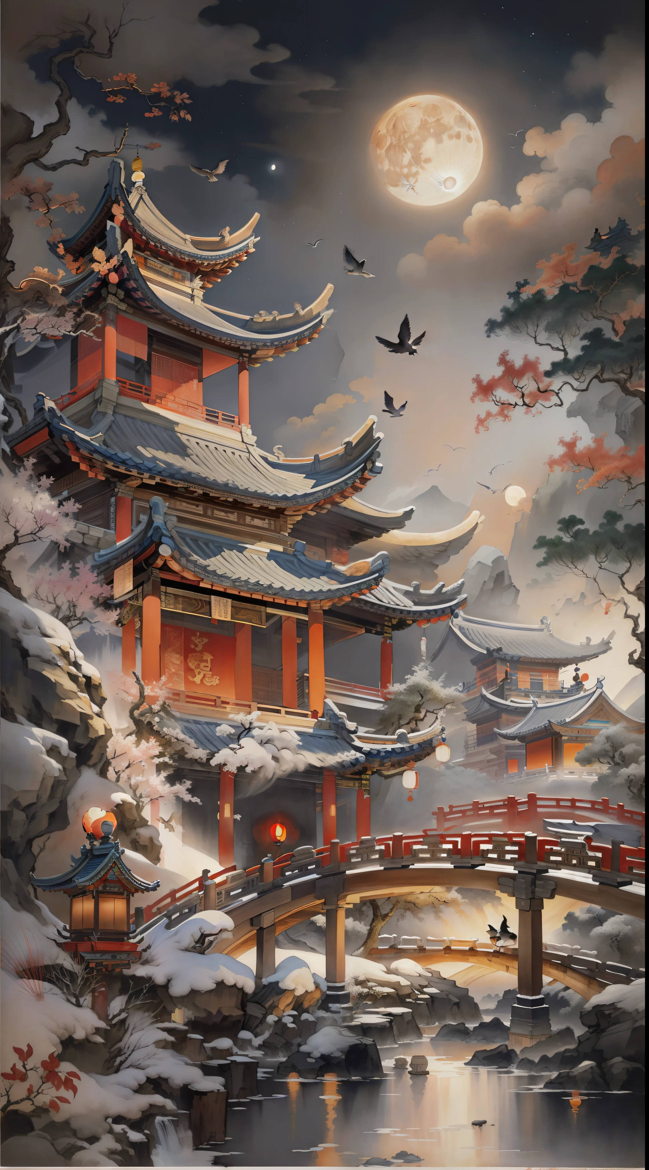 Ancient Chinese landscape painting，natta，ancient buildings，Pavilion，Carved beams and paintings，A wooden bridge hangs high in the air，There is a couple holding hands on the bridge，There is a huge full moon in the background，There are birds in the sky，Inspired by Jin Yong’s martial arts，Ink painting style，clean color，Decisive cuts，Leave blanks，Impressionist，tmasterpiece，ultra - detailed，Epic work, high high quality, 最high high quality，pixar-style，Supersaturation，hyper realisitc，Art germ --v 6
