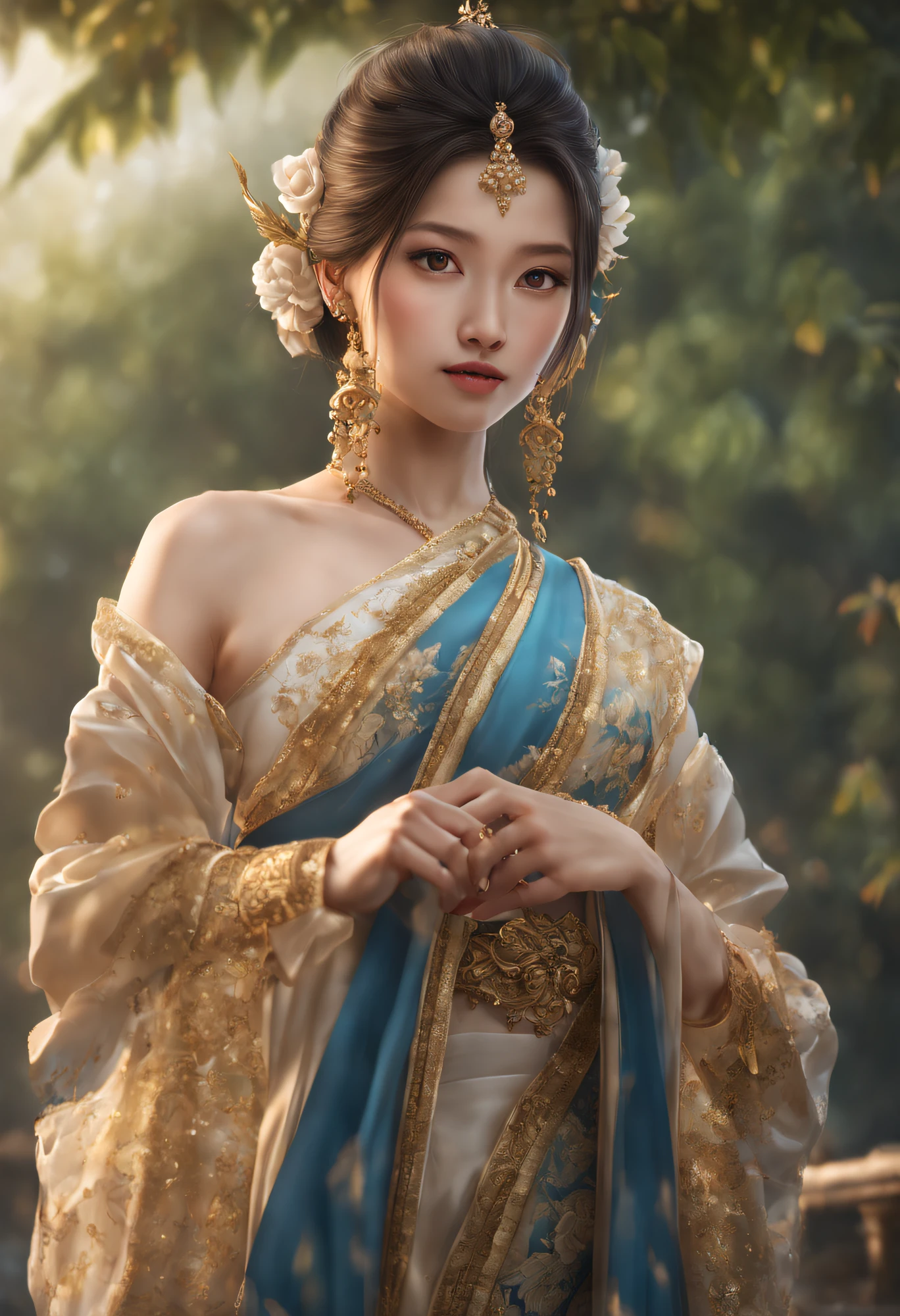 Hyper realistic 8k, ultra detailed, (Best Quality) beautiful  woman with long hair in delicate Traditional Thai dress, glitters, full body posing for a picture, realistic  art style, photorealistic anime girl render, perfect smooth cg art, sexy realism style, realistic art style, realistic young anime girl, gorgeous digital painting, realistic anime 3 d style, beautiful portrait, realistic anime art style, 3d realistic, portrait, perfect light, very best quality