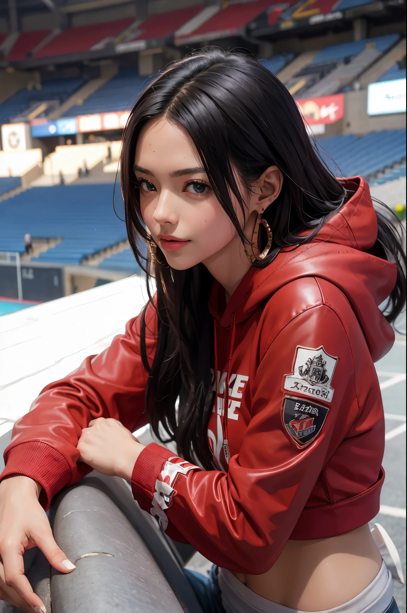 hancock jr.....,From anime《A piece of》, Beutiful women, once very beautiful, perfect body figure, perfect pubic bone, black hair color hair, Long gray hair, Slightly smiling expression, (Wearing a red leather Nike hoodie:1.5), (Red jogging bottoms:1.5), Wear earrings, Wearing a watch on the football field, football stadium, Stood up, actual, tmasterpiece, ctextured skin, ultra - detailed, high detal, high high quality, Best quality at best, 1080p, 16k