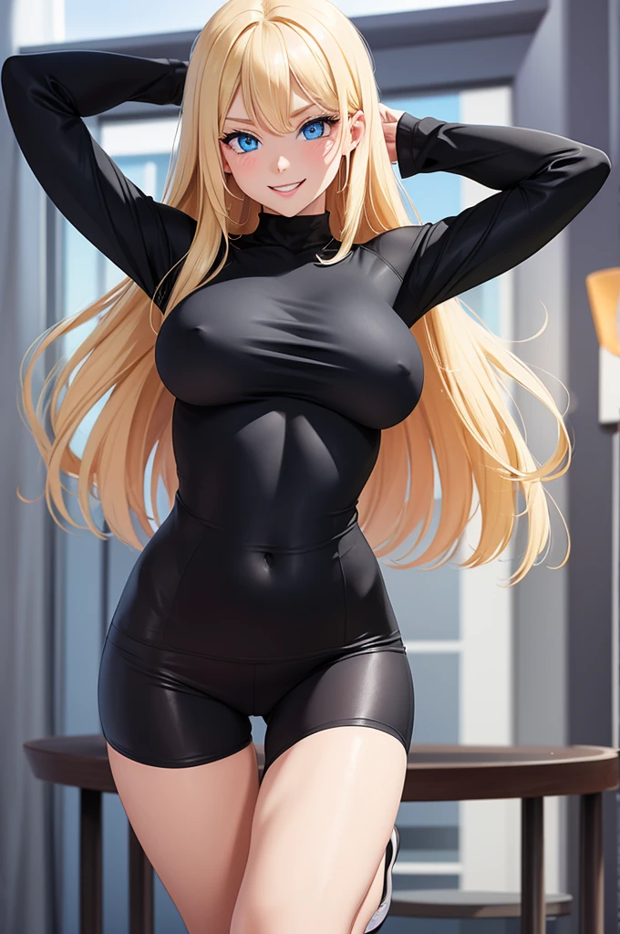a blond girl with blue eyes and big boobs in tight black clothes and jumping up, also have a smile on her face