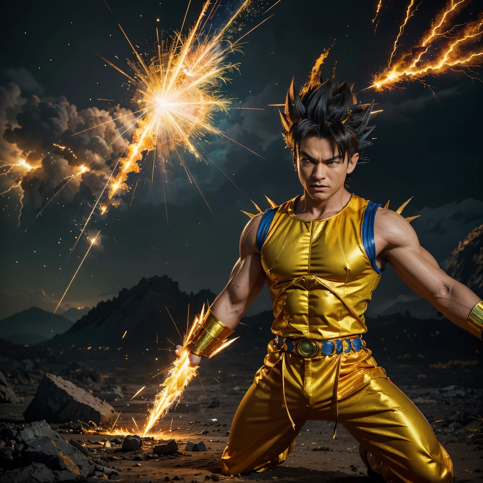 (realistic,highres)(best quality:1.2),Dragon ball,Super Saiyan warrior,male character,long spiky hair,blue and gold outfit,fierce expression,flexing muscles,posing with power,glowing aura,powerful aura emanating,destructive clashes of energy,battle-torn landscape,anime style,fiery orange and yellow colors, intense lighting,epic battle scene.