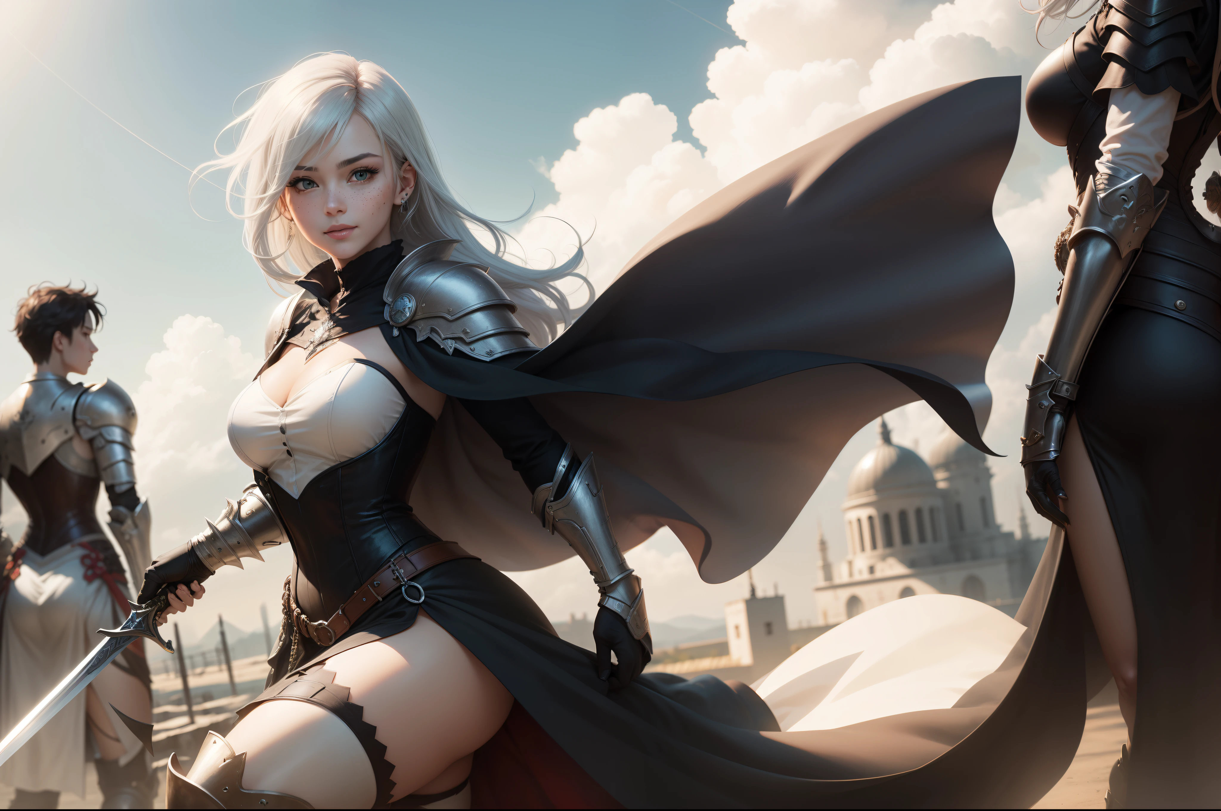 gwen tennyson,yorha 2b,tracer,claire farron,1girl,overwatch,atelier ryza,close up,battlefield view,tattoos,royal gray and white plugsuit,white short sleeve knight tunic,short sleeve knight full plate armor,long knight skirt,white knight corset,long hair,princess makeup,green eyes,multicolored silver hair,long dress train,shy smile,freckles,beautiful girl, knight thigh high boots,big breasts,8k, ultra detailed,realistic,fantasy art,silver knight uniform,queen gown dress,hair pin,ear piercings,snowflake hand and neck jewelry,(weather:windy),long gray knight cape,holding a sword on each hand,(pose:sword raised ready to attack),