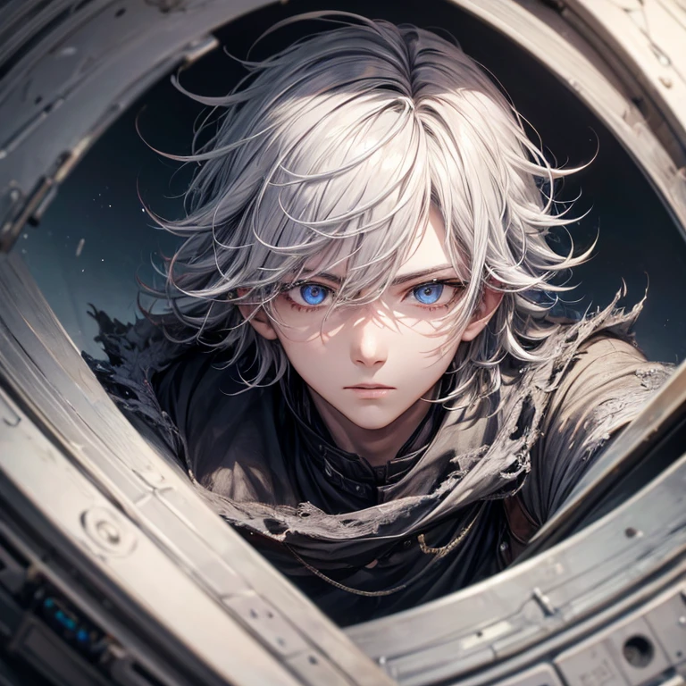 Low angle, 1 boy, messy hair, silver hair, highly detailed eyes, sharp eyes, high quality art, masterpiece, wallpaper.