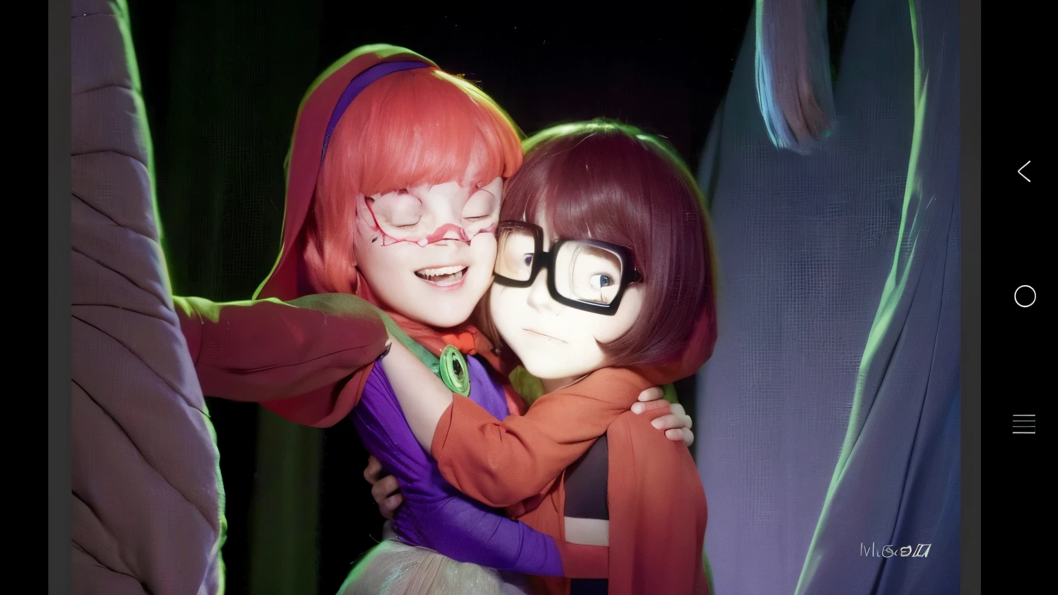 a close up of photo of a woman hugging другую woman, arm around her neck, Author: McKadesinsanity, Velma, Loisch and Goro Fujita, hugging each other, inspired by Daphne Fedarb, inspired by Daphne McClure, oni, scared, charlie bowater and artgeem, hugging, foto realista