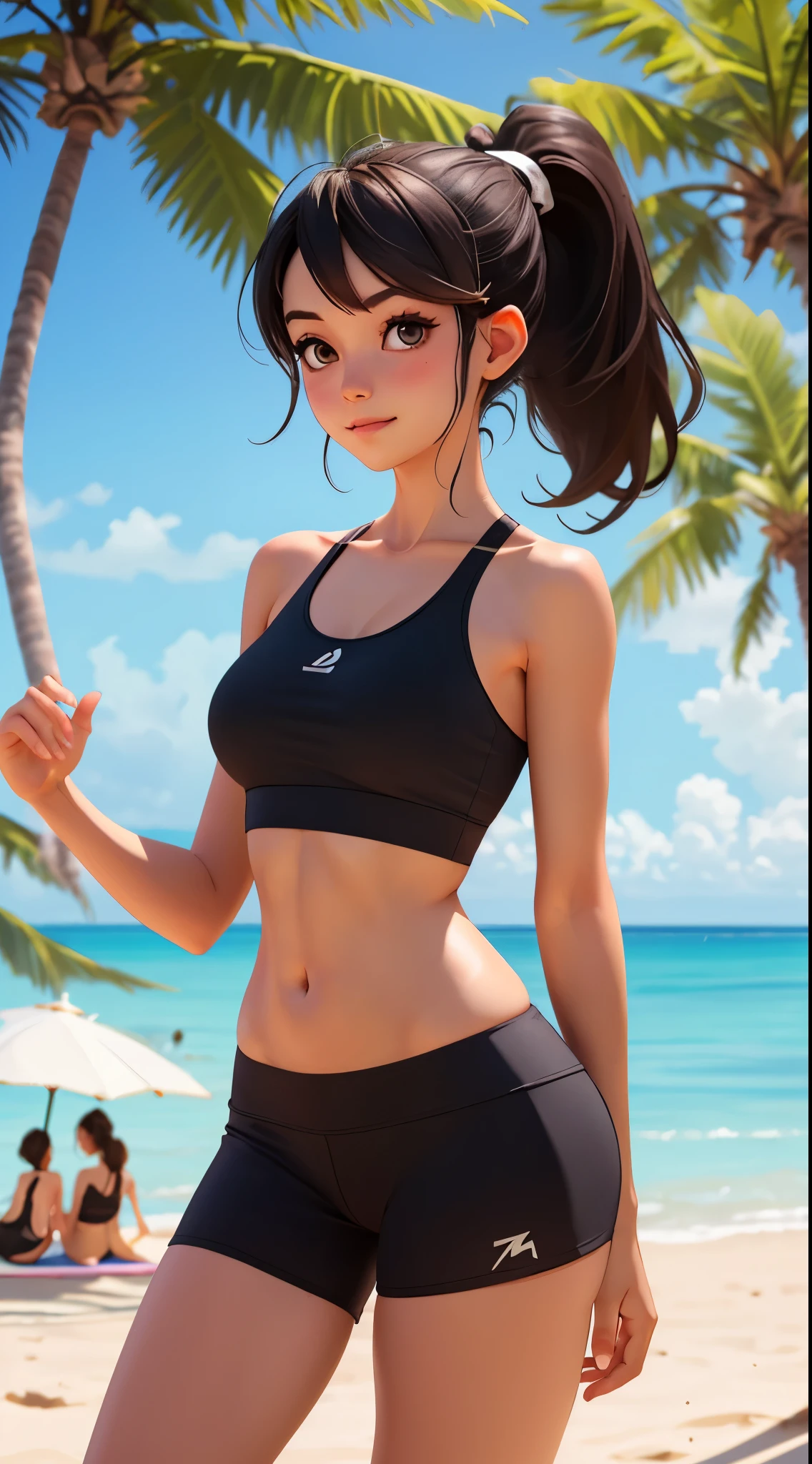 Young women, full bodyesbian, On the sandy beach, confront, looking at viewert, Dark brown ponytail, Yoga Wear, Fitness enthusiasts,Sunny and healthy,cheerfulness,perfect eyes, Coconut trees in the background