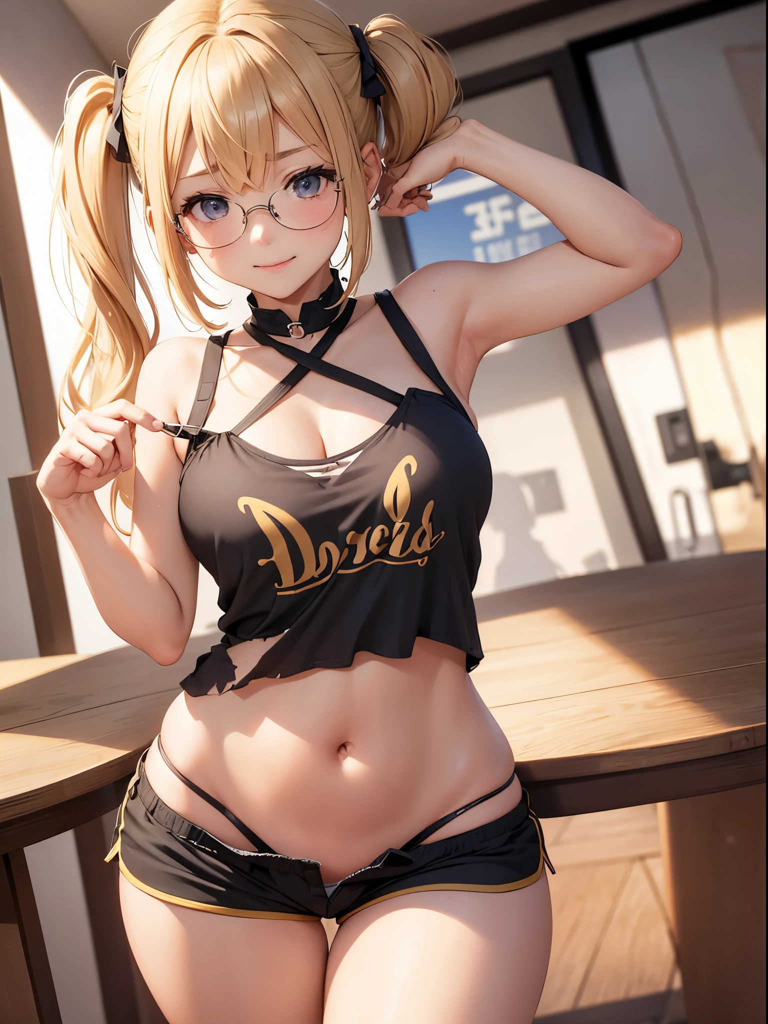 1 girl, in public, embarrassed, bangs, loli body, 13 year old girl, blonde hair side ponytail, sensual cleavage, sensual mouth, round breasts, ass facing the viewer, back to the screen, smile, tight, micro shorts 1.4, Ultra HD, 4k image, glasses, character close to the camera, tight shorts, shorts showing crotch, low-cut shorts, shorts with open fly, V-shaped panties, visible lower part of the breasts, visible belly, short mini skirt, micro skirt, skirt small and torn, tight skirt