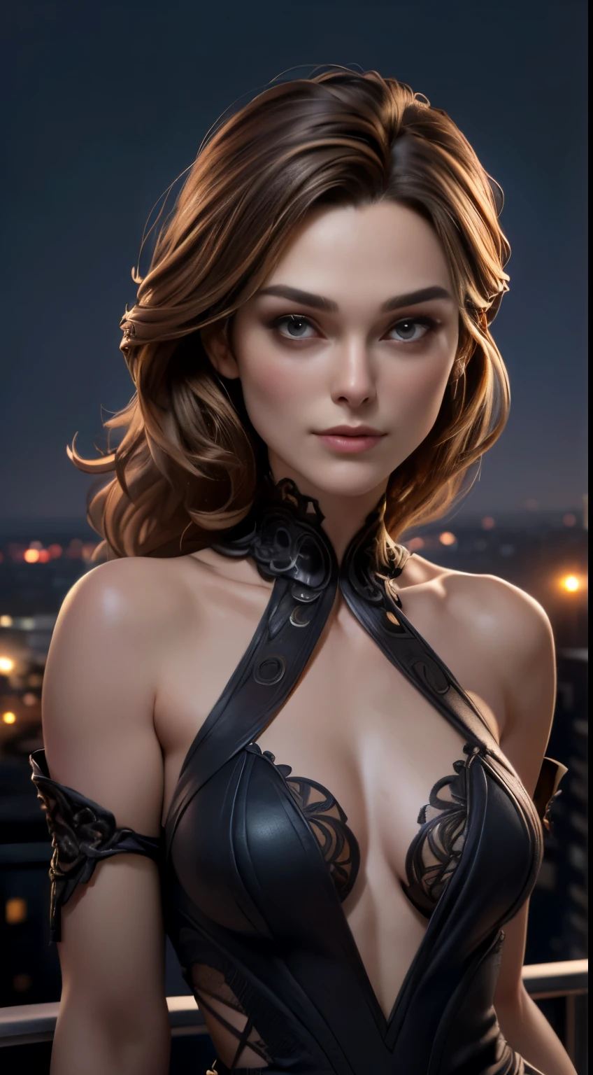 photo of Keira Knightley, RAW, beautiful woman, ((portrait)), ((detailed face:1.2)), ((detailed facial feature, detailed skin, clear skin), (perfect proportioned body, medium breasts), (wearing detailed dark fantasy dress with highlights) (high detailed city environment, apartment balcony), (realistic photo, best quality, detailed), (8k wallpaper), (cinematic lighting, dramatic lighting) (sharp focus, intricate)