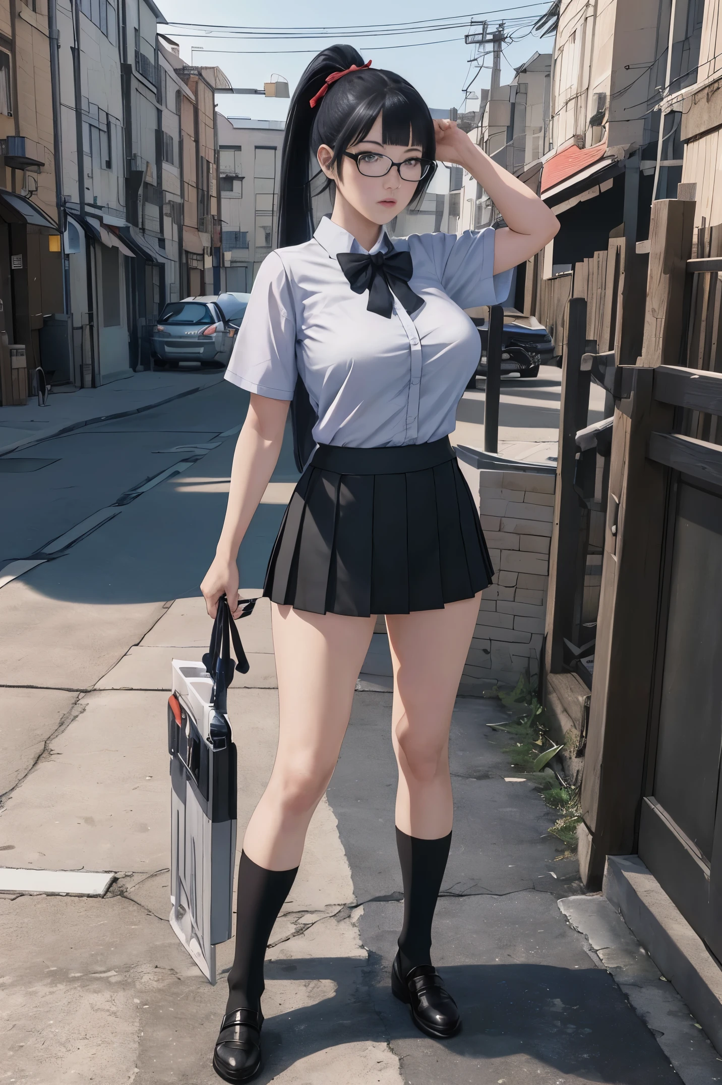 (Best quality:1.1), (Masterpiece:1.2), Highqualityshadow, Beautiful detailed, Beautiful face, Detailed eyes,Depth of field, A high resolution, Best shadow, Best illumination, 1girll, view the viewer
there is a woman in a waering ninja suit and short skirt, can see pantie, Short sleeve shirt, high sock, a hyperrealistic ninjagirl, hyperrealistic ninjagirl, realistic ninjagirl, photorealistic anime girl render, photorealistic full body, hyperrealistic full figure, photorealistic perfect body, casual pose, seductive anime girl, smooth anime cg art, Blunt bangs
anime girl perfect body in a very short skirt and a bow tie posing, a hyperrealistic ninja, realistic ninja, hyperrealistic ninja, full body portrait of a short!, anime full body illustration, wearing short skirt, wearing a short skirt, render of a cute 3d anime girl, full body illustration, huge breast, super short skirt, shy girls, wearing glasses, pony tail long hair, black hair, pantie, mini skirt, short skirt, very short skirt, open breast, Split buttons, thicc, sexy pose
masterpiece,best quality,best illustration,hyper detailed,1 girl,solo,,glamorous,blushing,
gigantic breasts,large,((gigantic_breasts))),(Re-emulsification)