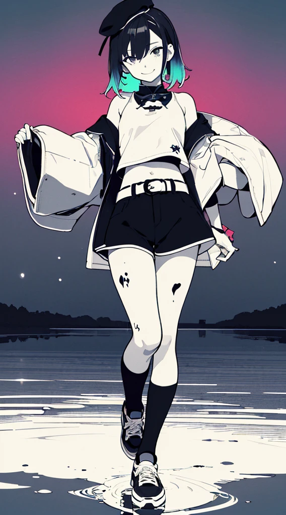 (((best quality)), ((ultra detailed)), ((masterpiece)), illustration,(oasis),(lakes),(detailed clear background),(clear background),(detailed light),lighting,(clear sky),night,stars,starry sky,moon light,(detailed clear water-drop:1.1),(ripple:1.1),(lake:1.1),((Colorful aurora)),
1girl, solo, ((full body)),(detailed face), highest details, medium hair, messy hair, watery eyes, two-tone hair, gradient hair, multicolored scrunchie black cropped jacket,Complex headwear,bare shoulders, cutout above navel, detached sleeves, puffy short sleeves, black shorts, black belt, over-kneehighs, sneakers, arms at sides, Walking slowly on the water,head tilt, light smile,light rays, (high contrast),(((Colored paint background)))