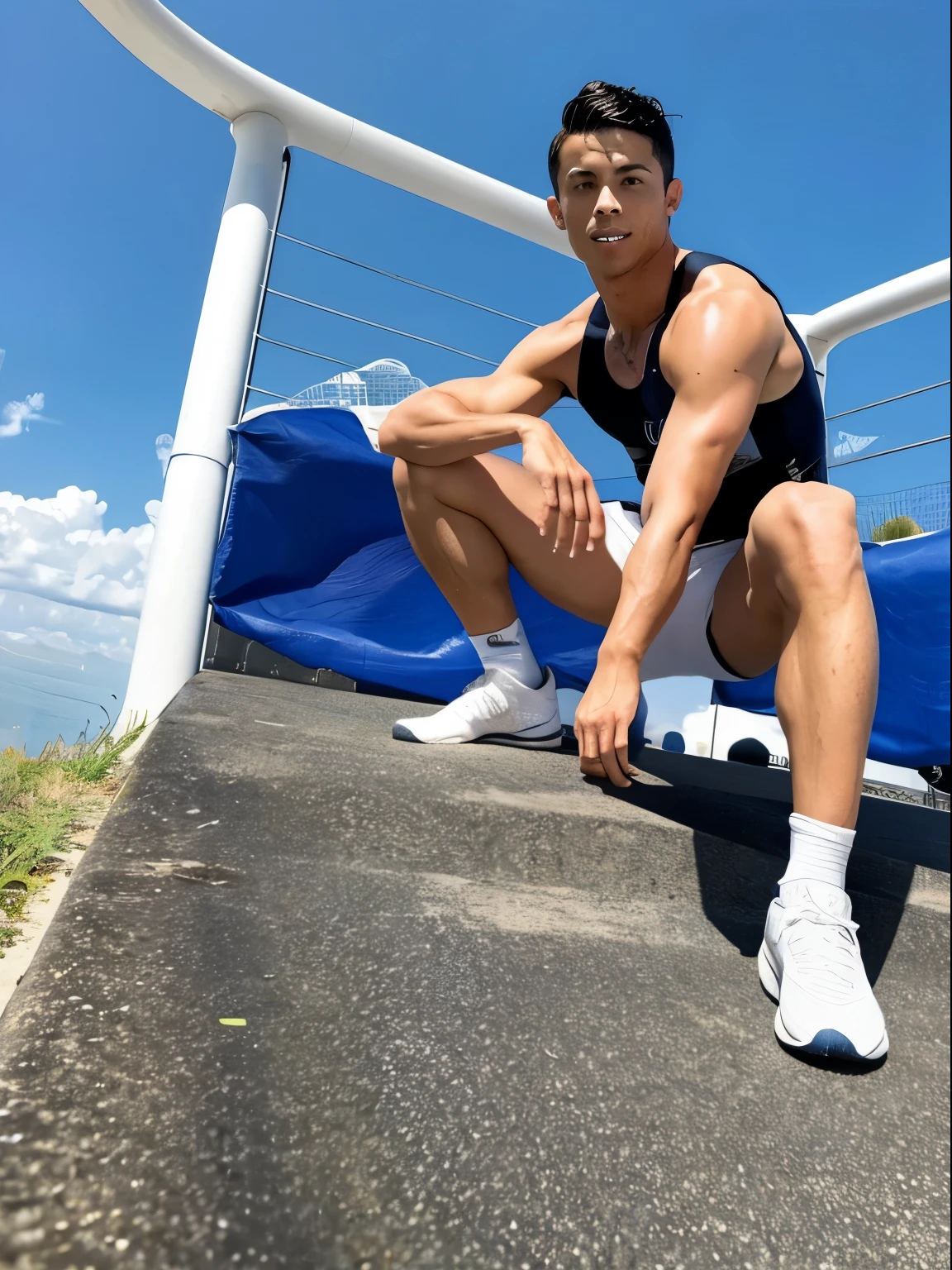 Top quality, ultra high resolution, very detailed, (photorealistic: 1.4), dynamic angle, very handsome, perfect face, model shooting, full body, flying in the sky, naughty 25 years old Japan man, shirtless, soccer socks, soccer pants, selfie, (aegyo sal: 0.2), perfect body, (blue shaved side hair: 1), smile, natural light,