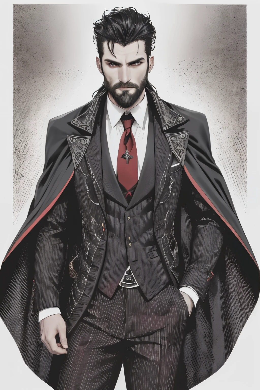 detailed facial features,beard,stubble,strong jawline,piercing eyes,intense gaze,(well-dressed) dhampir,(black,red) cape,(two-sided) cape,vampiric shoulder armor,elegant outfit,western frontier background scenery,wild west setting,dusty desert landscape,sunset glow,strong shadows,imposing atmosphere