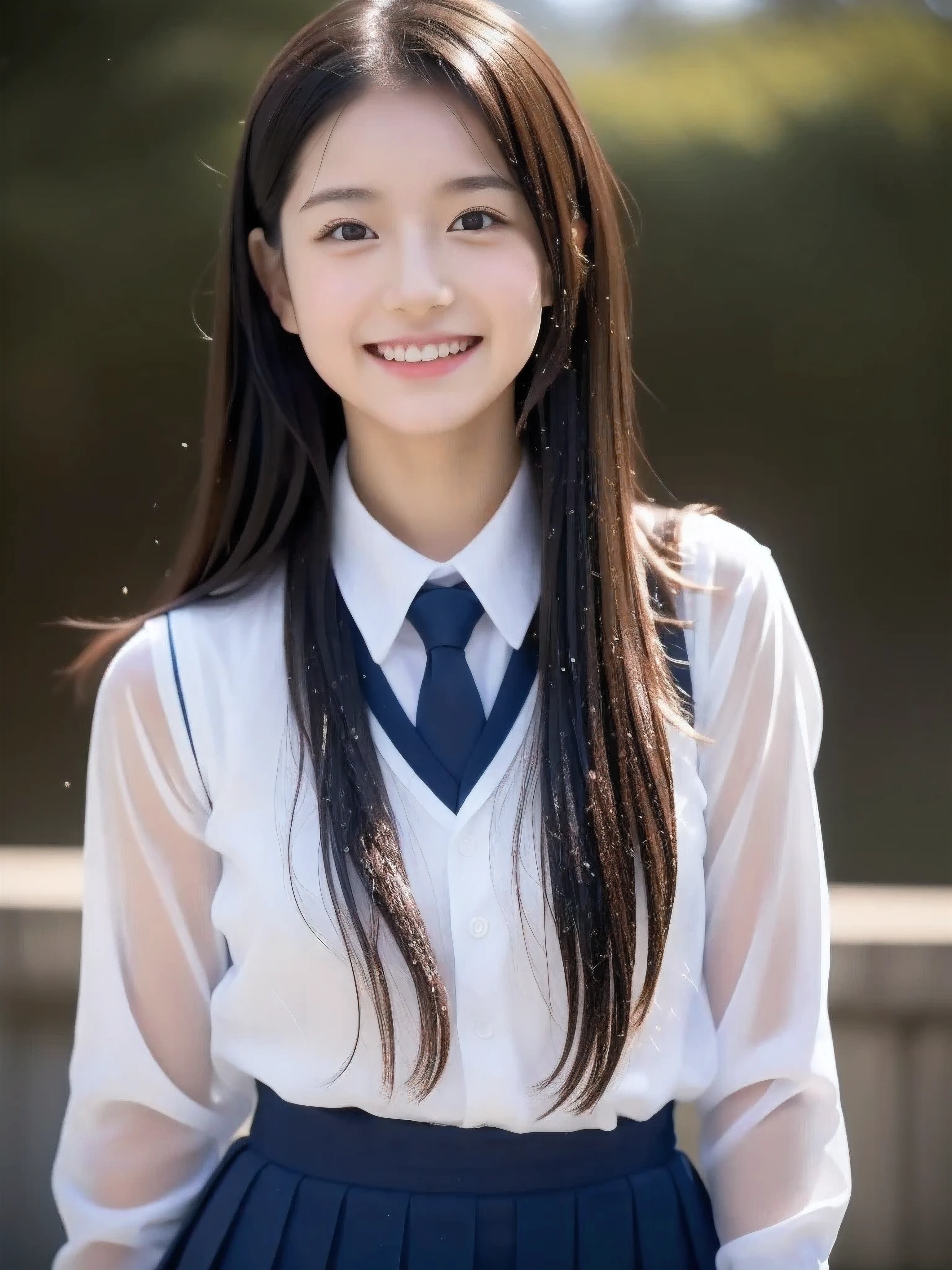 (((high detal,high-detail、masterpiece,Attention to detail))),Arab-asian woman in uniform, Realistic Young Gravure Idol, a hyperrealistic schoolgirl, Japan school uniform, japanese girl school uniform, a hyperrealistic schoolgirl,Young Pretty Gravure Idol, wearing japanese school uniform, Young gravure idols, Young Gravure Idol, Beautiful but innocent schoolgirl when you laugh,the whole body is wet,dripping落ちる,with a flushed face,Beautiful girl with beautiful legs,Beautiful woman natural light、the whole body is wet,Sheer clothing,Semi-long,perm,Brown shiny hair,Hair is wet,Dripping water,dripping,,Have a troubled face,Clear skin