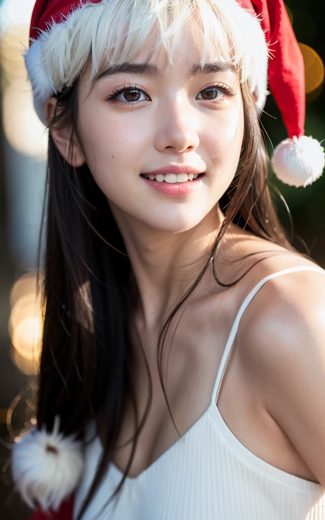 ((masterpiece, top quality, high definition)), one girl, ((Santa Claus costume, Santa Claus hat)), (photorealistic: 1.4), solo, white background, snow-white background, ((from above, from above, looking up at the viewer only with eyes, looking up only with eyes, looking up, looking up at the camera, staring at the camera)), closing the mouth, happy smile, happy smile, happy smile, Clean black hair, short hair, big eyes, pronounced double eyelids, eyelashes, ears out, long neck, long neck, (draw all head, shoulders), 19 years old, attractive proportions, shiny skin, clean collarbone, face in golden proportions, perfect face, teary mole, mole on chest, bangs, clean bangs, lip gloss, thin lips, white skin, naked, big breasts, breastfeeding with arms, small face, small face, Cute upper eyes