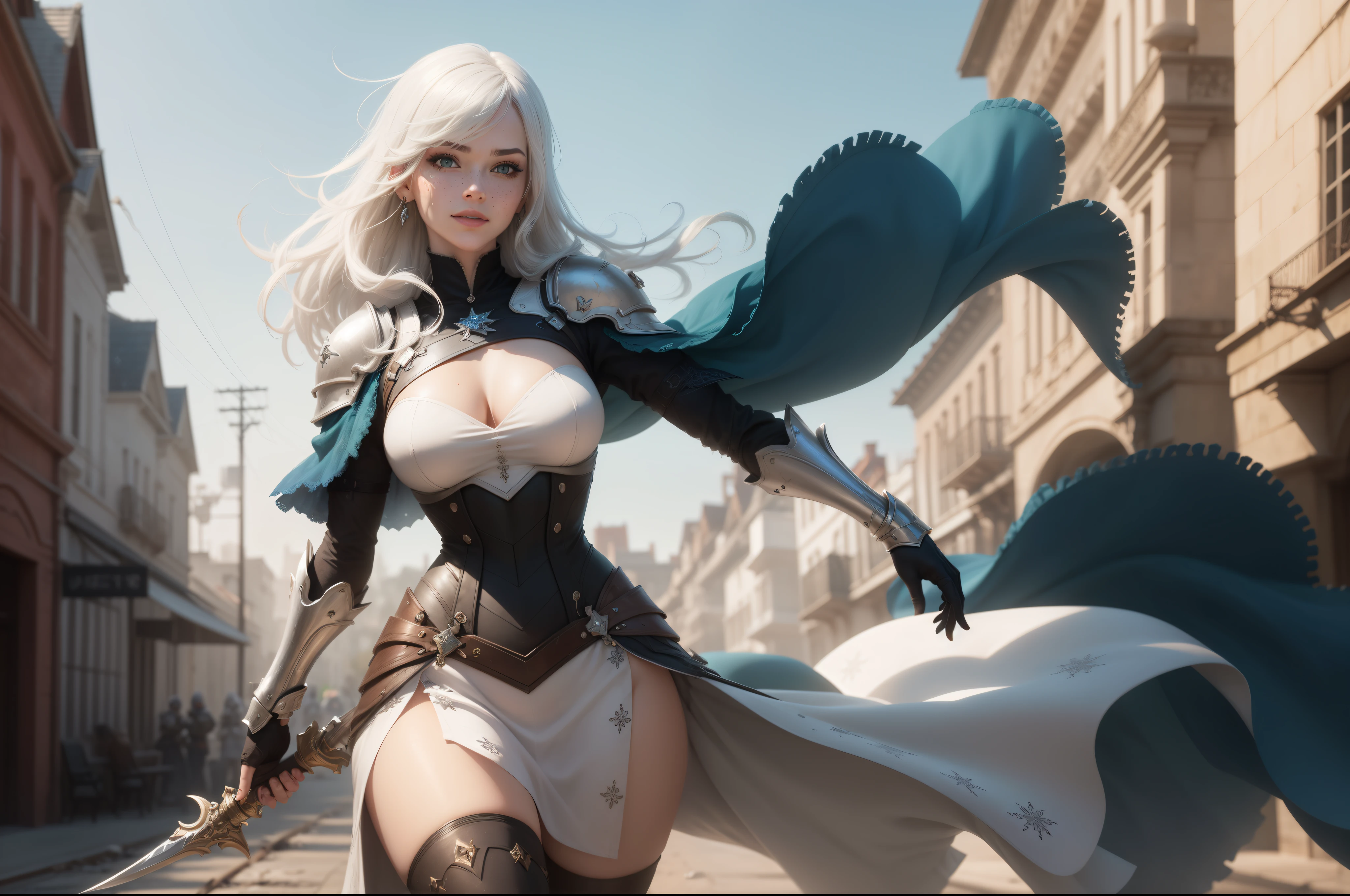 gwen tennyson,yorha 2b,tracer,y'shtola rhul,1girl,overwatch,atelier ryza,close up, battlefield view,tattoos,royal gray and white plugsuit,white short sleeve knight tunic,short sleeve knight full plate armor,long knight skirt,white knight corset,long hair,princess makeup,green eyes,multicolored silver hair,long dress train,shy smile,freckles,beautiful girl, knight thigh high boots,large breasts,8k,ultra detailed,realistic,fantasy art,steel knight uniform,queen gown dress,hair pin,ear piercings,snowflake hand and neck jewelry,(weather:windy),long gray knight cape,holding a sword on each hand,(pose:ready to attack),solo girl,