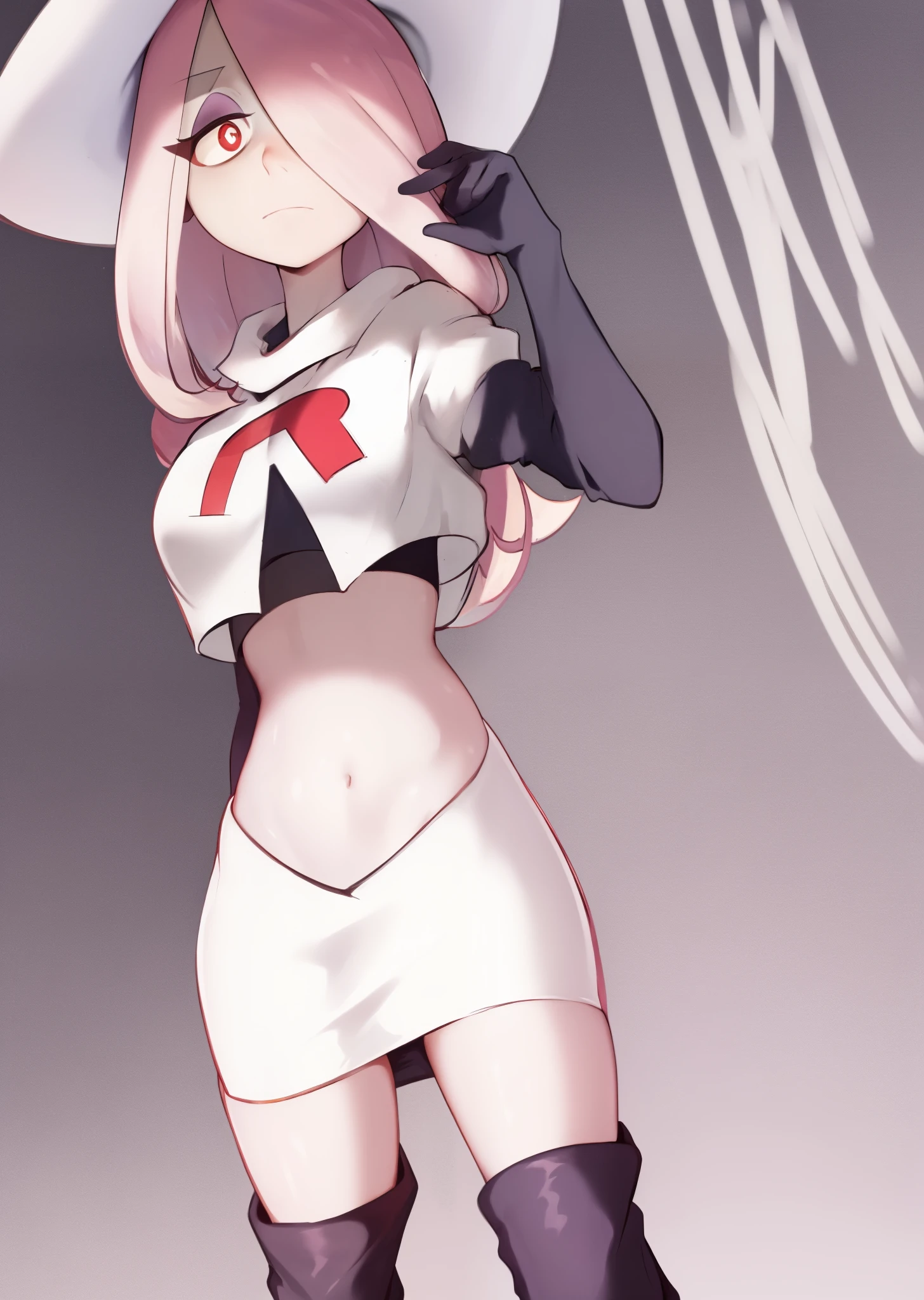 sucy, (sucy manbavaran:1.3), cowboy shot 1girl, (blank expression:1.2), (expressionless:1.2), makeup, hair over one eye, half-closed eyes, long hair, light purple hair, red eyes, pale skin, (standing cowboy shot:1.2), team rocket,team rocket uniform, red letter R, white skirt,white crop top,black thigh-highs,black elbow gloves,