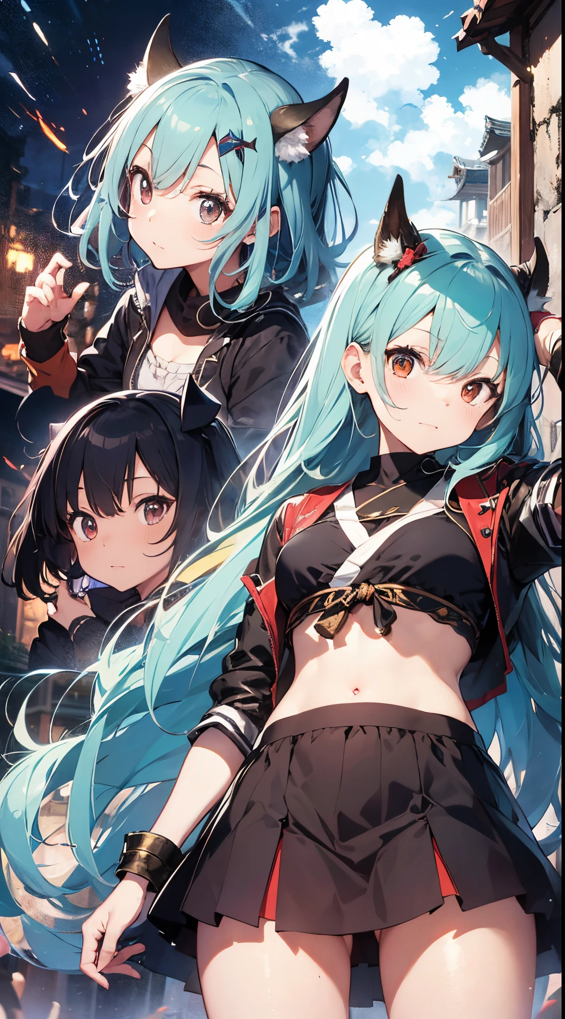high qulity,high detal,High degree of completion,Hand detail,Kizi,quadratic element,Exaggerated expressions,dual horsetail,Red and blue color scheme,dance,microphones,close-up perspective