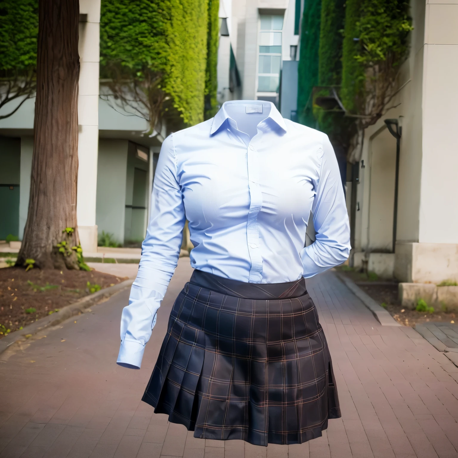 chubby, fat, school stripe tie, school tie, school uniform, plaid skirt, cute pose, (invisible, no humans, headless, faceless:1.5), cute big breasts, (8k, RAW photo, best quality, masterpiece, high resolution, extremely detailed CG:1.2), (realistic, photo-realistic:1.37), photon mapping, radiosity, ((Hasselblad photography)), physically-based rendering