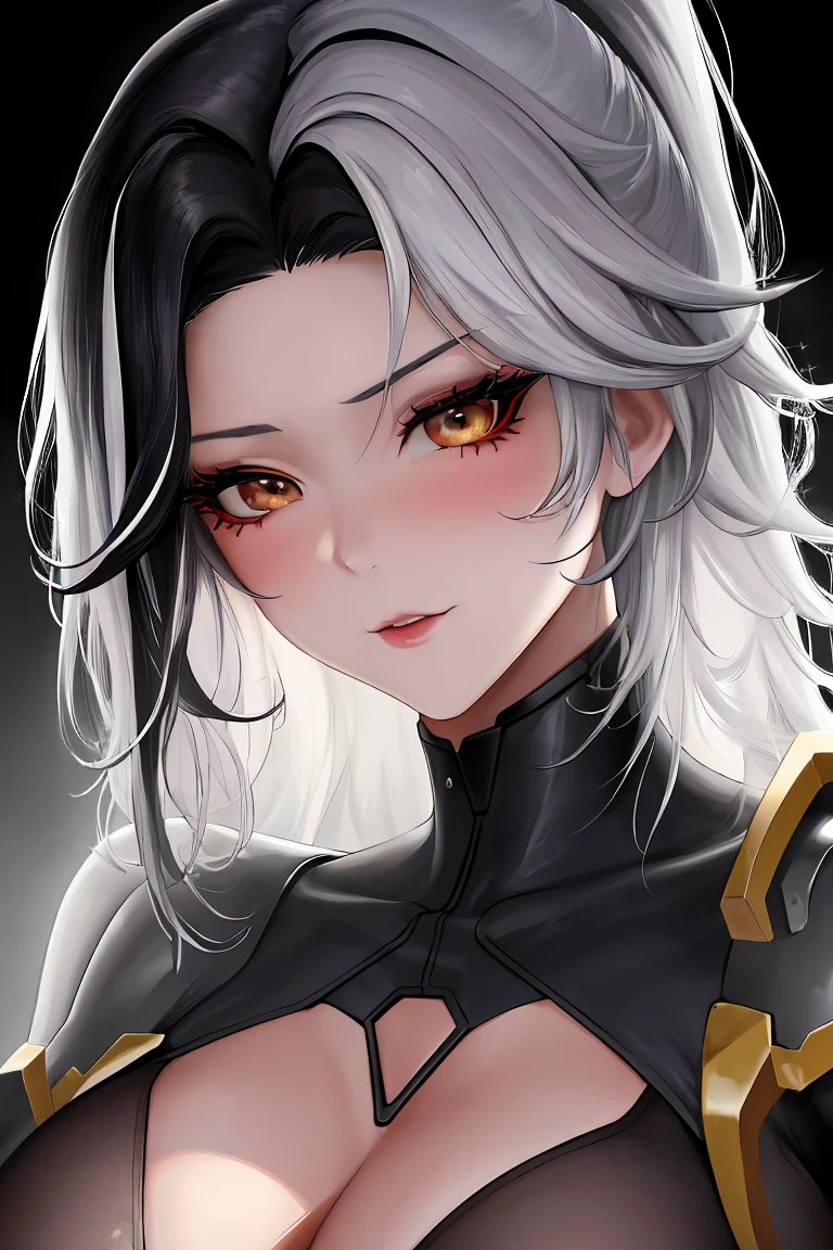 (sfw), (1girl) ,((high detail, anatomically correct)), (((UHD, retina correction, masterpiece, ccurate, 8k))), highres, high details, award winninessy hair, high ponytail)), (half black hair and half white hair), (ponytail), ((Large Breast)), (Rosikke), (blacksuit),((Muv-Luv Portified suit)), anime cels style, mature female,1girl, makeup, lipstick, cleavage, ((perfect body)), (gorgeous body:1.erfect eyes, perfect retina, eyeliner, eyeshadow, perfect face, (caring look:1.1), blush, high sharpness, sharp focus, ((professional artwork, intricate details, vivid colors, Diffused lighting, digital blending, ultra detailed body, ultra detailed hair, ultra detailed face, trending on pixiv))