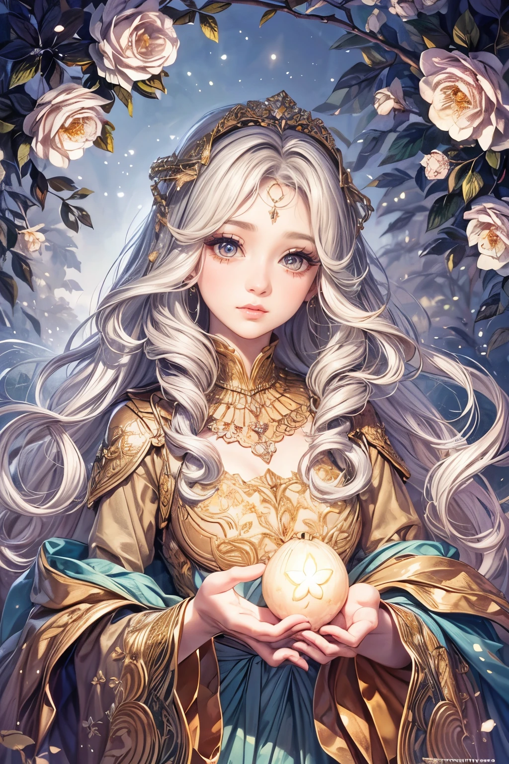 (best quality,8K,CG),detailed upper body,solitary girl,floral forest background,complex facial features,elegant long curly hair,almond-shaped big eyes,detailed eye makeup,long eyelashes,twinkling stars,exquisite lip details,soft and harmonious style.