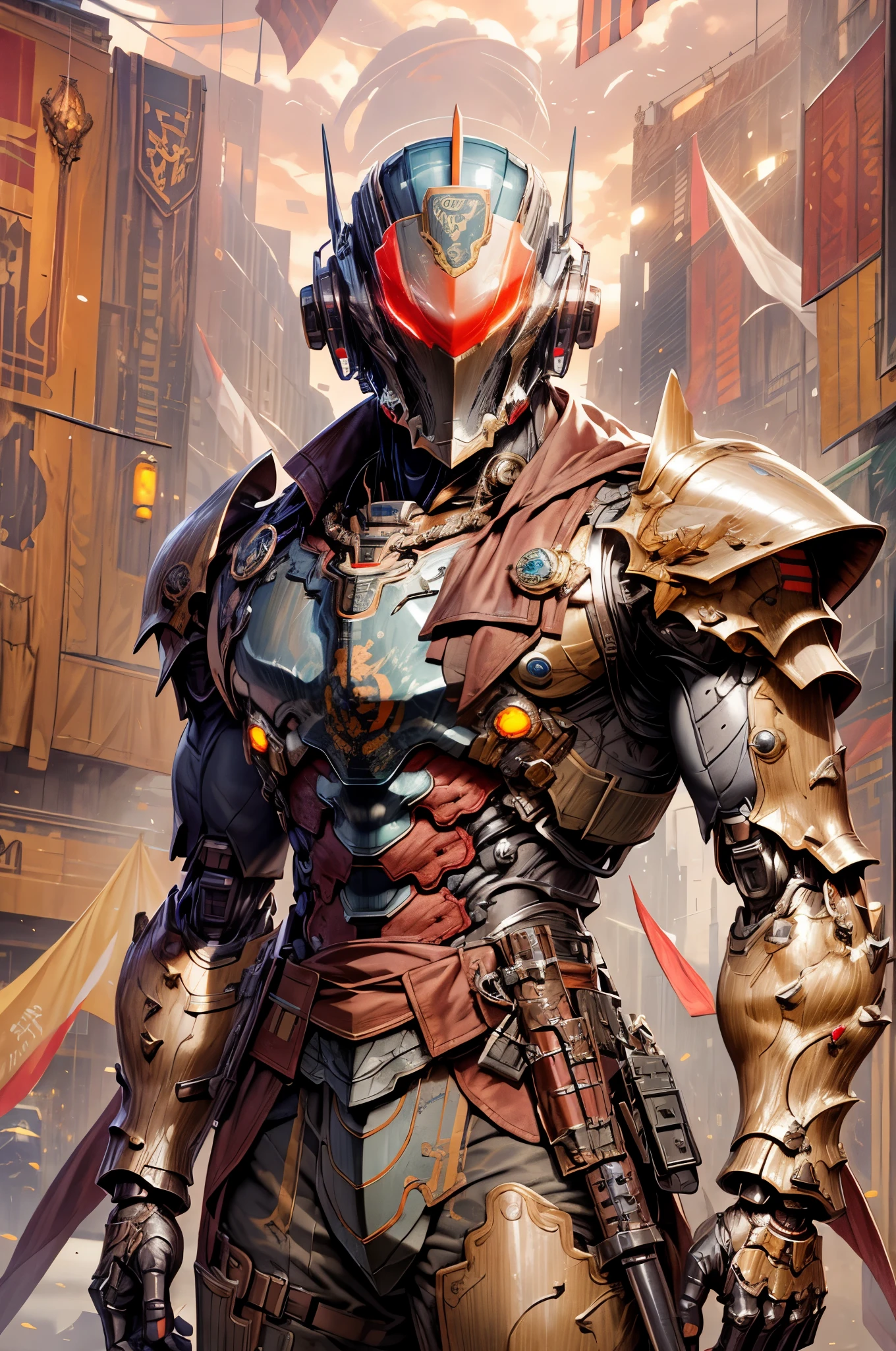 (((An epic and visually stunning digital anime masterpiece featuring a sylphlike masculine ((male:1.5)) decorated military dieselpunk cyborg soldier clad in a sleek yet tactical armored yet decorated leather military trench coat:1.2))), (((flat masculine male chest:1.5, full head covered by a mechanical mecha knight helmet with a narrow visor:1.5))), (((the character adorned in a (scifi tactical armored open front trench coat with a built in exoskeleton) (over a form fitted armor plated yet super sleek and revealing under suit with waist cut outs), the armor plating on the upper arms and shoulders beautifully engraved))):1.4. The image showcases the intricacies of the character’s armor and clothing:1.5, ((capturing their flamboyant essence and heavy mecha aesthetic:1.2)). The character also possesses an androgynous charm, (((with slim yet heavily muscled physique:1.2, sylphlike with a sleek waist, toned yet beautifully sleek cybernetic arms:1.3, mechanical arms and legs:1.3, mecha muscles:1.3))), looking at viewer, (((brass metal armor and brown leather, dieselpunk:1.3))), (((depth of field, cinematic lighting, chromatic aberration, ray tracing, UHD, masterpiece, top of head covered, super detail, high details, high quality, award winning, 8k, highres)))