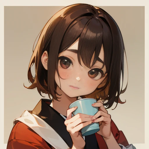 young girl holding coffee cup in hand, cute girl, cute-fine face, cute-fine-face, Sakimi-chan, Chiho, Yoshitomo Nara, young cute face, beautiful Japan girl face, brown hair and big eyes, cute pretty girl, beauty