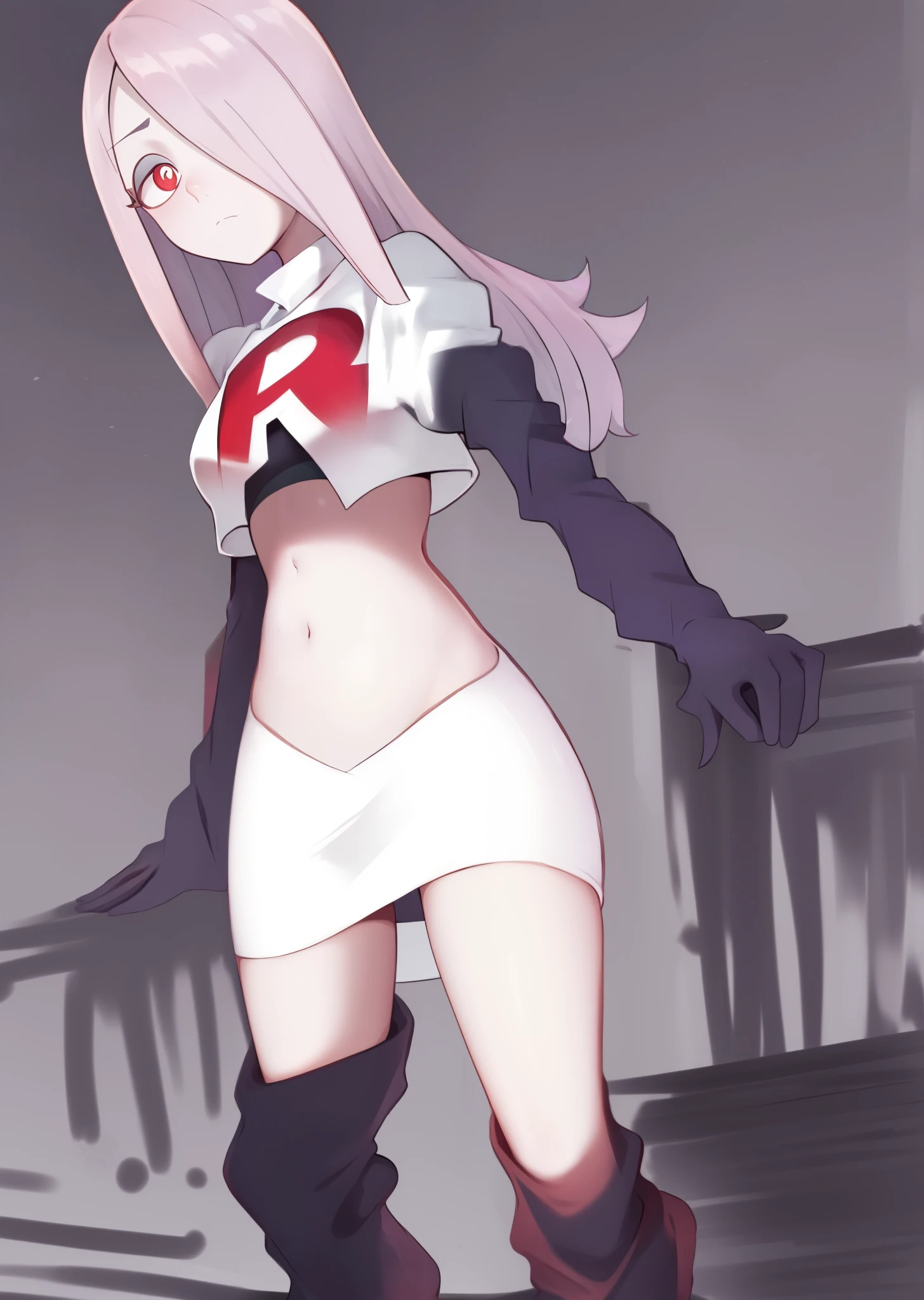 sucy, (sucy manbavaran:1.3), cowboy shot 1girl, (blank expression:1.2), (expressionless:1.2), makeup, hair over one eye, half-closed eyes, long hair, light purple hair, red eyes, pale skin, (standing cowboy shot:1.2), team rocket,team rocket uniform, red letter R, white skirt,white crop top,black thigh-high boots,black elbow gloves,