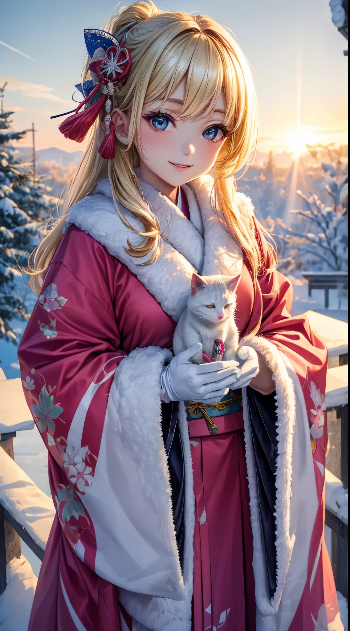 Very detailed CG Unity 8K wallpaper, Cute One Girl, Mature blonde girl, beautiful Girl, hot maiden, pale skin (Super masterpiece, Beautiful person, well detailed face polluted smile, Photorealistic, hyper realisitic), colorful winter pink kimono 、has white fur、 Wearing white gloves,Japanese Style Hair Accessories、Girl holding a cute white cat, (Light Lighting)、smil,Upper body 、Japan background