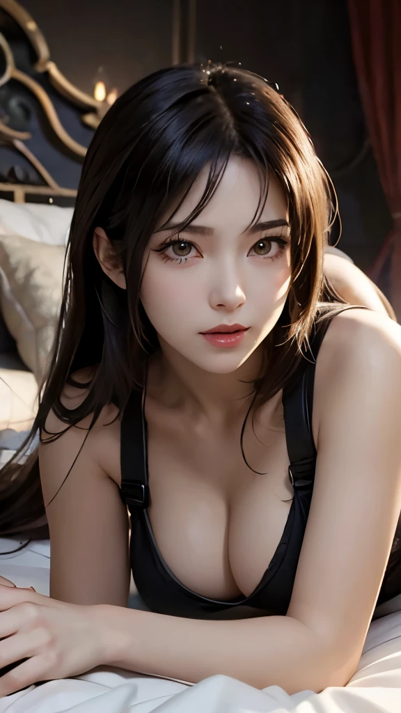 Solo girl, tifa lockhart from final fantasy, long hair, eyelashes, lying on bed, medium breasts, detailed face and eyes, 8K Quality, masterpiece, cleavage, legs, eyes on viewer, caressing hair,
