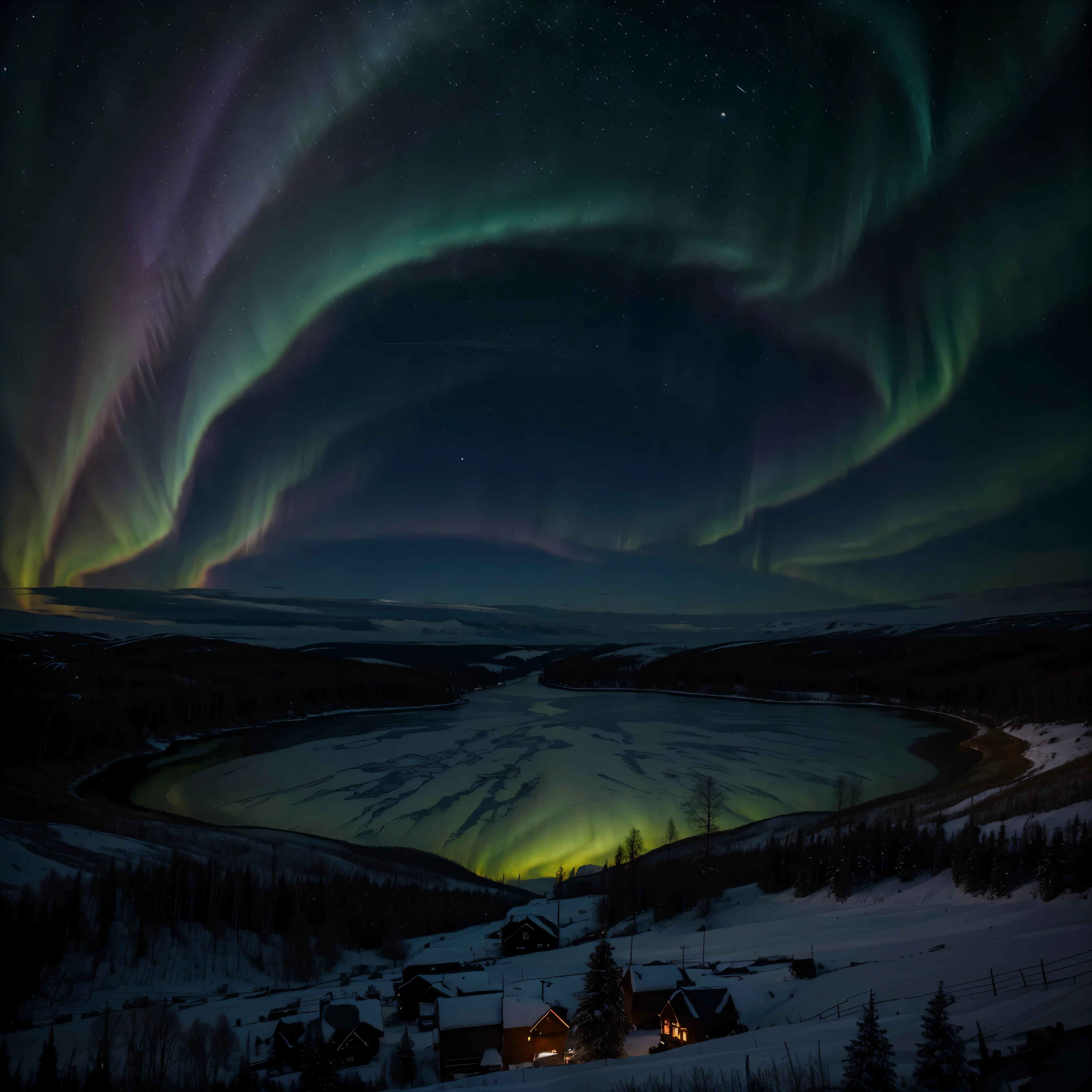 The dazzling and mesmerizing natural phenomenon known as the Aurora Borealis fascinates onlookers. as it adorns the winter polar sky with a lively and colorful dance.. This beautiful picture, Reminiscent of a stunning painting, Capture the stunning beauty of light dancing in intricate detail., Revealing a bright green swirl of light., Blues, and purple against the dark background of the night sky.. The photography's impeccable craftsmanship beautifully captures the essence of this celestial phenomenon., Awakens a sense of wonder and fascination within the viewers' hearts..