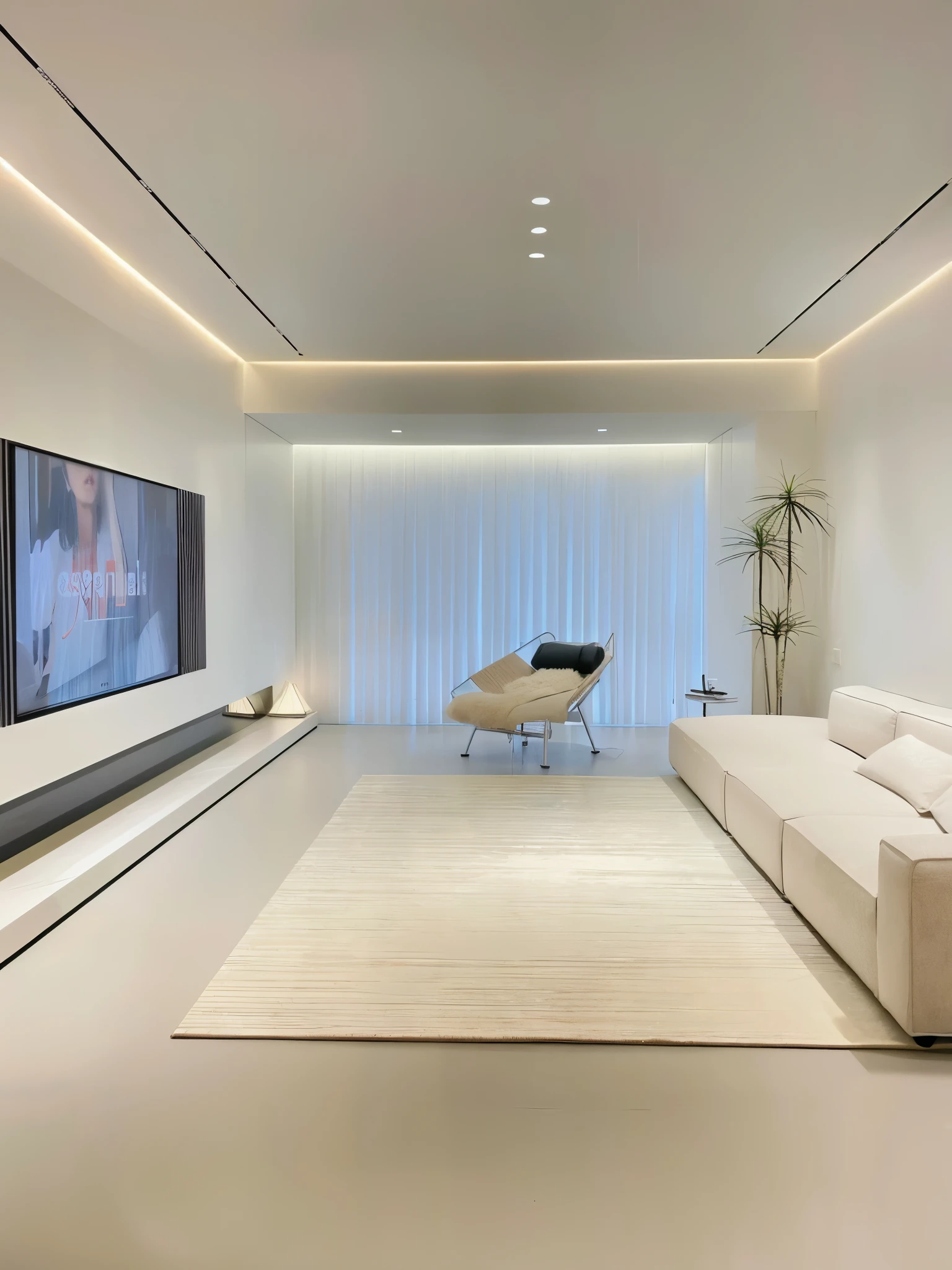 Fidd living room with white sofa and tv, and beautiful, Minimalist interior design, white accent lighting, Emphasize white lighting, elegant minimalism, glowing white accent lighting, modernsimplicity设计, Simplified design, modernsimplicity, modernsimplicity, modernsimplicity f 2 0 clean, cinematic accent lighting, modernsimplicity f 2 0, Minimalist design