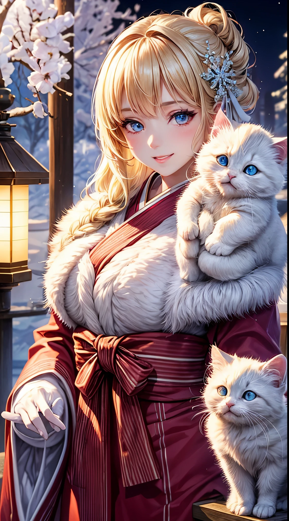 Very detailed CG Unity 8K wallpaper, Cute One Girl, Mature blonde girl, beautiful  Girl, hot maiden, pale skin (Super masterpiece, Beautiful person, well detailed face polluted smile, Photorealistic, hyper realisitic), colorful winter pink kimono 、has white fur、 Wearing white gloves,Japanese Style Hair Accessories、 Girl holding a white kitten,  (Light Lighting)、smil、Cute white kitten,Upper body 、Japan background