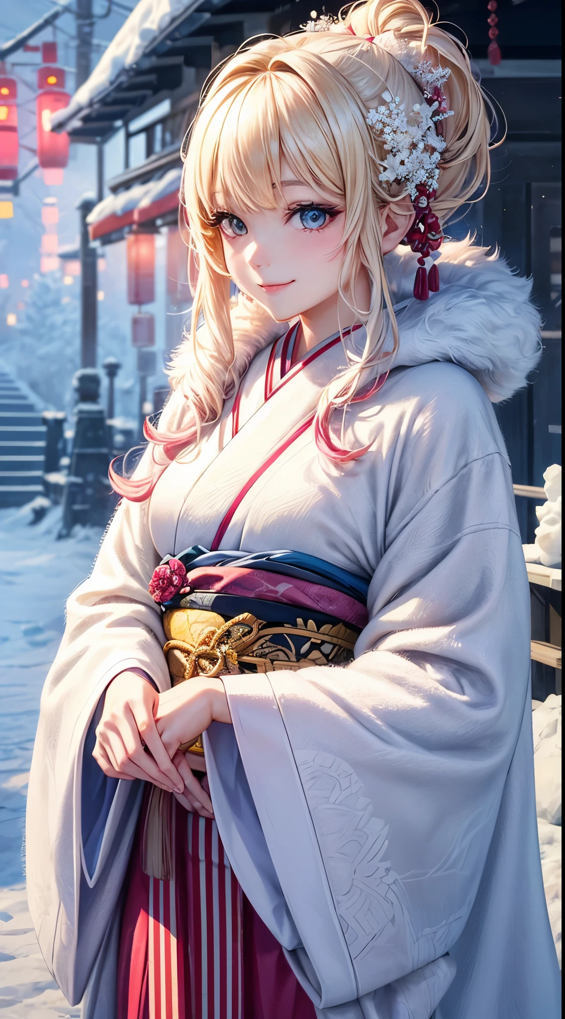 Very detailed CG Unity 8K wallpaper, Cute One Girl, Mature blonde girl, beautiful  Girl, hot maiden, pale skin (Super masterpiece, Beautiful person, well detailed face polluted smile, Photorealistic, hyper realisitic), colorful winter pink kimono 、has white fur、 Wearing white gloves,Japanese style hair ornaments、 girl with white kitten,  (Light Lighting)、smil、Cute white kitten,Upper body 、Japan background