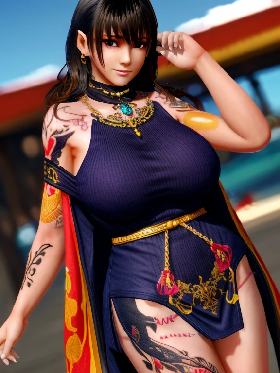 1girl,Nanami,brilliant colors, dress,cloak,Jewelry,(fashionable_Tattoos:1.3),(huge breasts),(Masterpiece), best quality,(real:1.4), detailed,8K，Digital art,Detailed hair,Detailed face, depth of field,