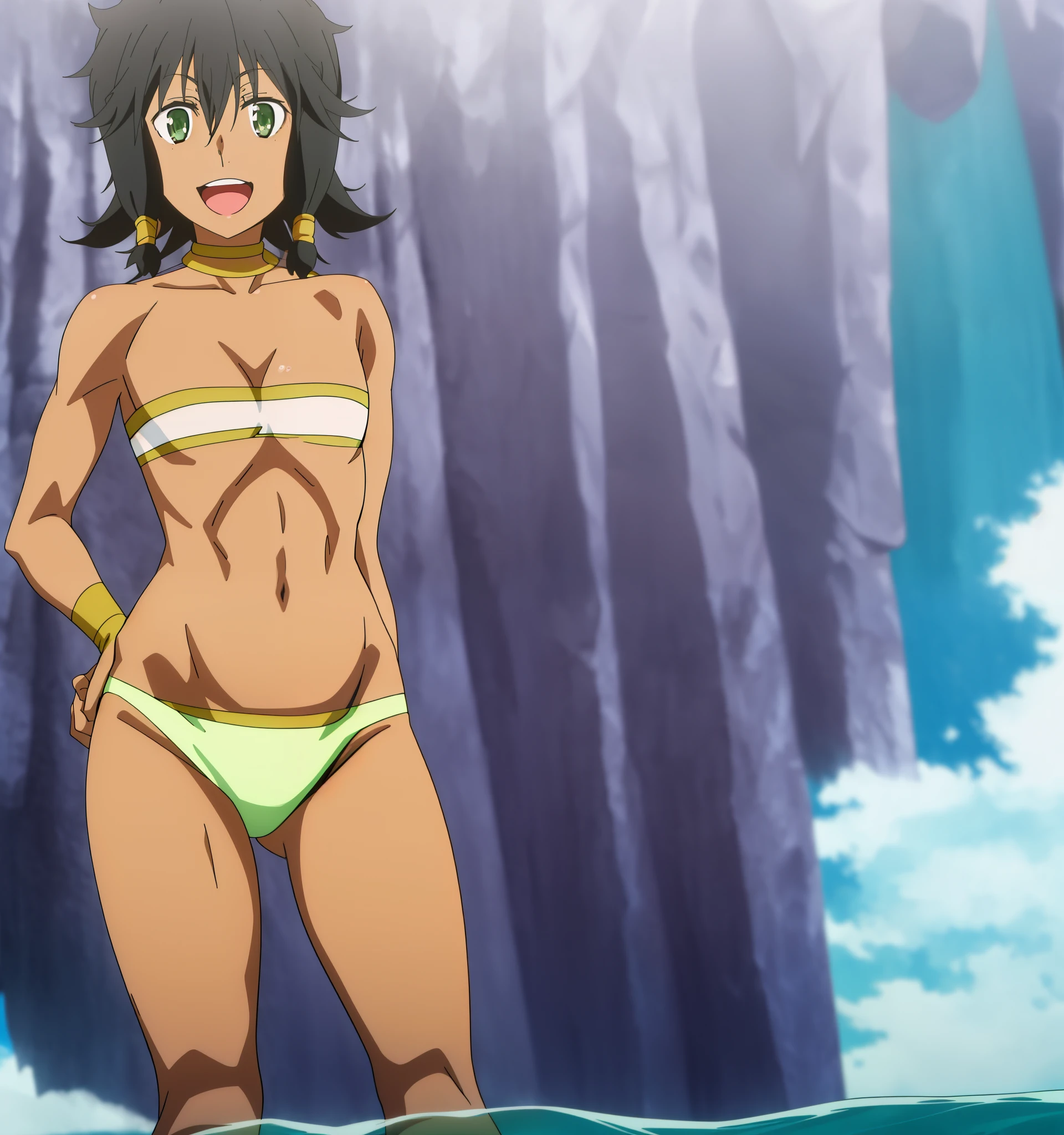 anime screencap, outdoors, beach, 1girl, solo, (dark-skinned female:1.2), black hair, flat chest, green eyes, short hair, string bikini,,partially submerged, cowboy shot,open mouth, smile,abs,facing viewer, hands on hips, from below, solo