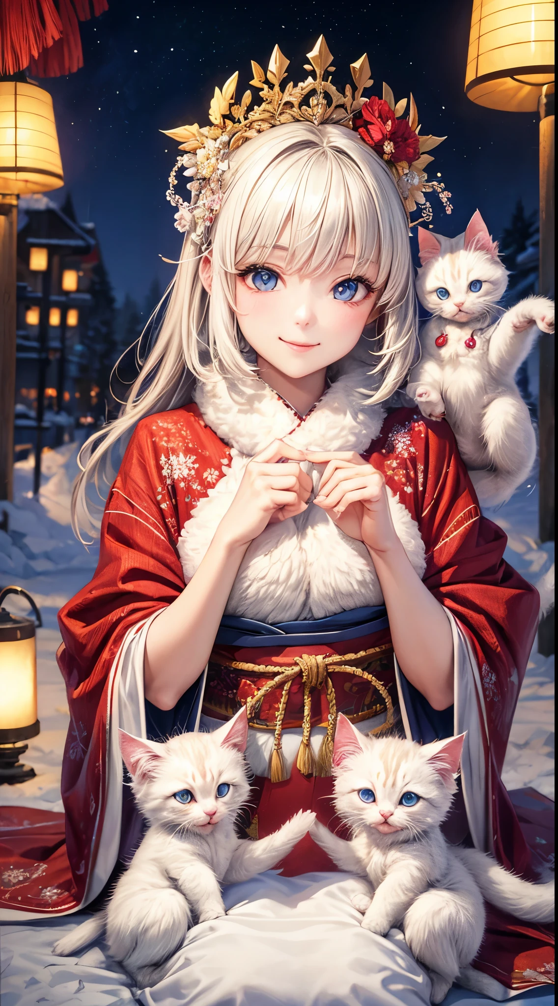 Very detailed CG Unity 8K wallpaper, Cute One Girl, Mature blonde girl, beautiful Girl, hot maiden, pale skin (Super masterpiece, Beautiful person, well detailed face polluted smile, Photorealistic, hyper realisitic), colorful winter pink kimono、has white fur、 Wearing white gloves,Japanese style hair ornaments、 sitting with white kitten, (Light Lighting)、smil、Cute white kitten,Upper body