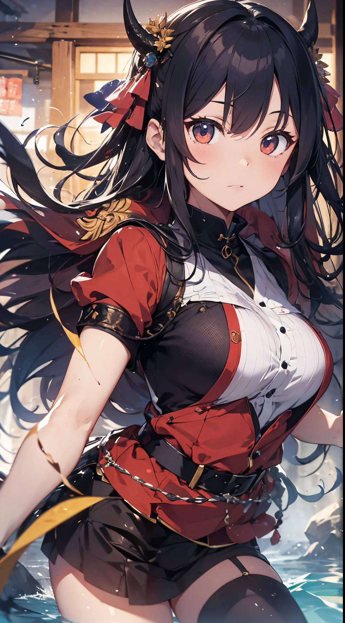 best quality masterpiece, AkagiV5, 1girl, solo, looking at viewer, smile, skirt, thighhighs, gloves, cleavage, parted lips, japanese clothes, black gloves, black thighhighs, wide sleeves, red skirt, partially fingerless gloves, aircraft, airplane, <lora:AkagiV5-10:1>