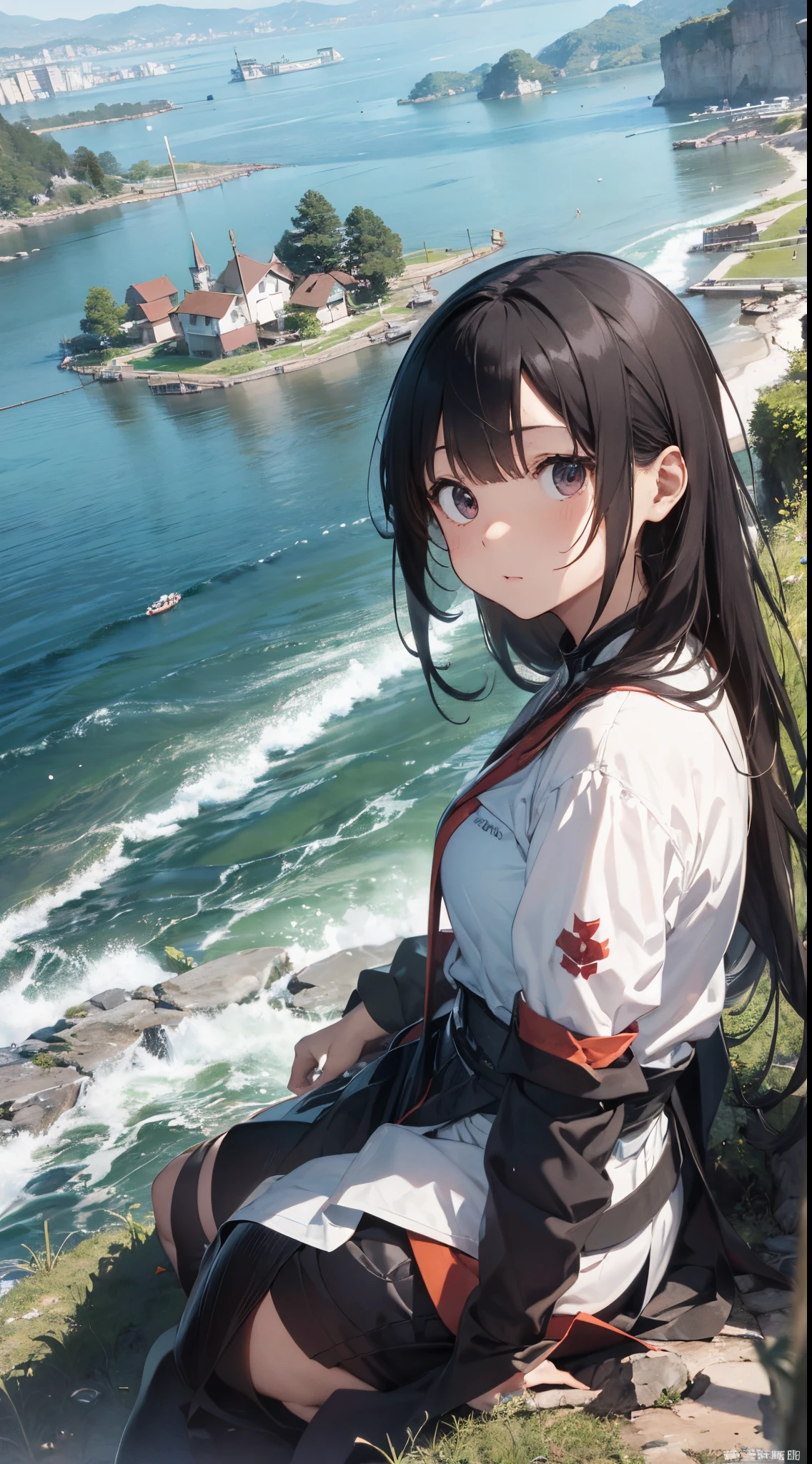 Anime girl sitting on a cliff overlooking the ocean - SeaArt AI