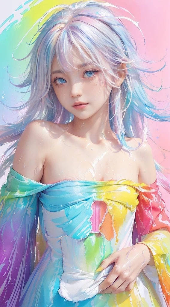（Pink Fashion T-shirt：1.9），perfect body, full body, (Colorful hair: 1.8), (all the colours of the rainbow: 1.8),(((((vertical painting：1.6))), （painting：1.6），front, comics, illustrations, paintings, large eyes, crystal clear eyes,（ rainbow color gradient high ponytail：1.7）, exquisite makeup, closed mouth,(Small Fresh: 1.5),(Wipe Chest: 1.6) ，long eyelashes, white off shoulder T-shirt,  White Shoulder Shirt，looking at the audience, large watery eyes, (rainbow colored hair：1.6), color splash, （solo：1.8）, color splash, color explosion, thick paint style, messy lines, ((shining))，(colorful), (colorful), (colorful), colorful, Thick Paint Style, (Splash) (Color Splash), Vertical Painting, Upper Body, Paint Splash, Acrylic Pigment, Gradient, Paint, Highest Image Quality, Highest Quality, Masterpiece, Solo, Depth of Field, Face Paint,  colorful clothes, (Elegant: 1.2), gorgeous,long hair, wind, (Elegant: 1.etals: 1.4)，(((masterpiece))),(((best quality))),((ultra-detailed)),(illustration),(dynamic angle),((floating)),(paint),((disheveled hair)),(solo),(1girl) , (((detailed anima face))),((beautiful detailed face)),collar,bare shoulders,white hair, ((colorful hair)),((streaked hair)),beautiful detailed eyes,(Gradient color eyes),(((colorful eyes))),(((colorful background))),(((high saturation))),(((surrounded by colorful splashes))),