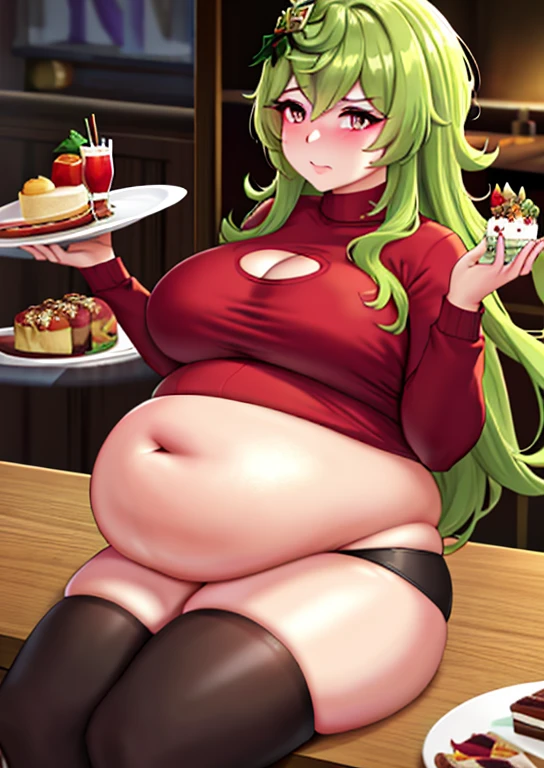 big belly, sitting, pregnant, fat, large stomach, fatty, fat, large belly, standing, fat belly, very fat, large stomach, chubby,very fat, safe for work, obese, giant belly, fat, huge, heavy, very fat, safe for work, fat, large belly, big belly, very fat, large stomach, chubby (best quality, masterpiece), collei genshin impact, Christmas, wearing sweater, table with food, fat, green hair