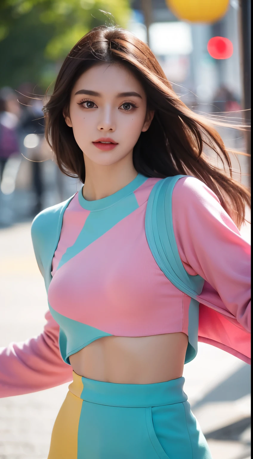 Master piace, Trendy woman, fashionable attire, vibrant colors, dynamic pose, ambient light, expressive facial details, stylish accessories, bokeh background, high resolution, love eyes