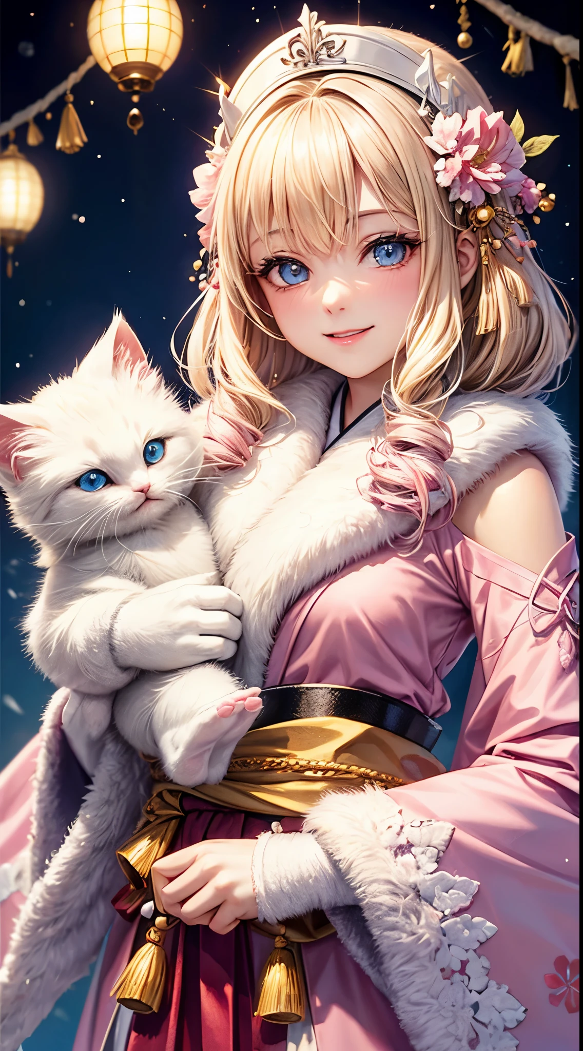 Very detailed CG Unity 8K wallpaper, Cute One Girl, Mature blonde girl, beautiful  Girl, hot maiden, pale skin (Super masterpiece, Beautiful person, well detailed face polluted smile, Photorealistic, hyper realisitic), colorful winter pink kimono、has white fur、 Wearing white gloves,Japanese style hair ornaments、 Little girl holding a white kitten,  (Light Lighting)、smil、Cute white kitten,upper body