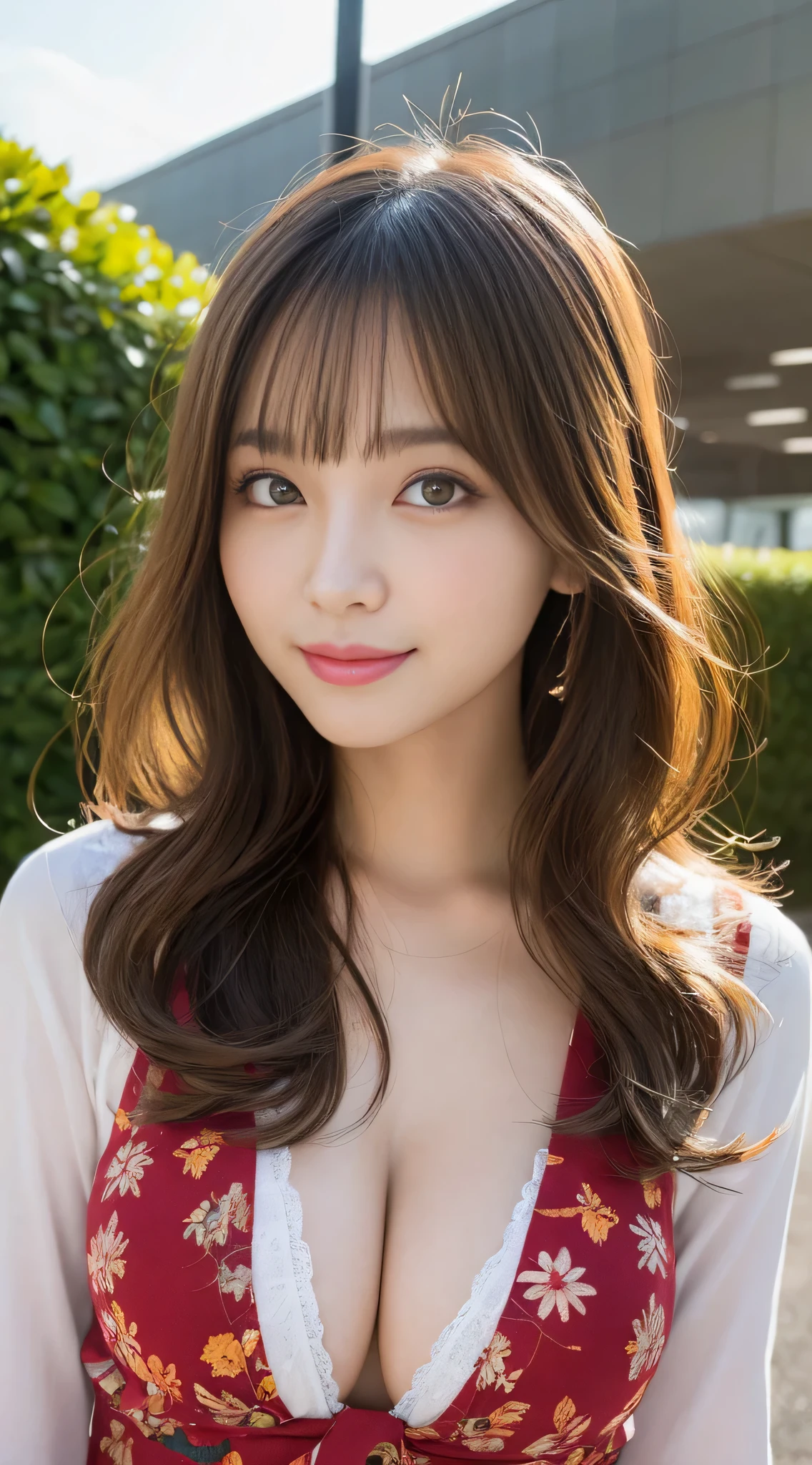 masutepiece, Best Quality, Illustration, Ultra-detailed, finely detail, hight resolution, 8K Wallpaper, Perfect dynamic composition, Beautiful detailed eyes, Women's Fashion🍂,Medium wavy hair,small tits、Natural Color Lip, Bold sexy poses,Smile,Harajuku、20 years girl、Cute、Sexy shot looking at camera,tits out
