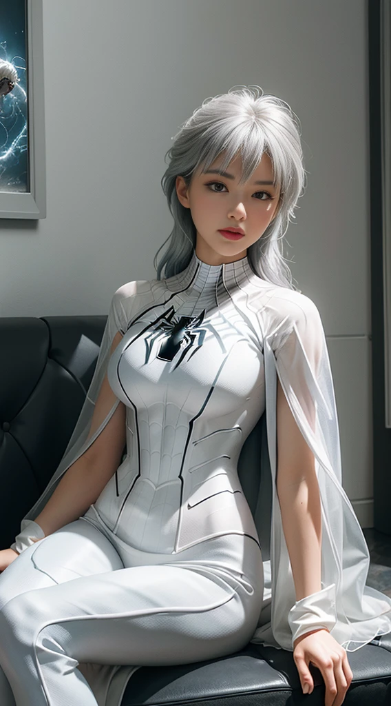 (Extreme Detail CG Unity 8K wallpaper, masterpiece, highest quality), (Exquisite lighting and shadow, highly dramatic picture, Cinematic lens effect), a girl in a white Spider-Man costume, silver gray hair color, from the Spider-Man parallel universe, Wenger, Marvel, Spider-Man, sitting on the couch, dynamic pose), (excellent detail, excellent lighting, wide angle), (excellent rendering, enough to stand out in its clasocus on white Spider-Man costumes, complex spider textures